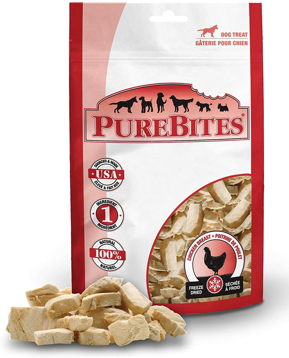 PureBites closeup of chicken breast freeze-dried treats showing crispy texture for training rewards.