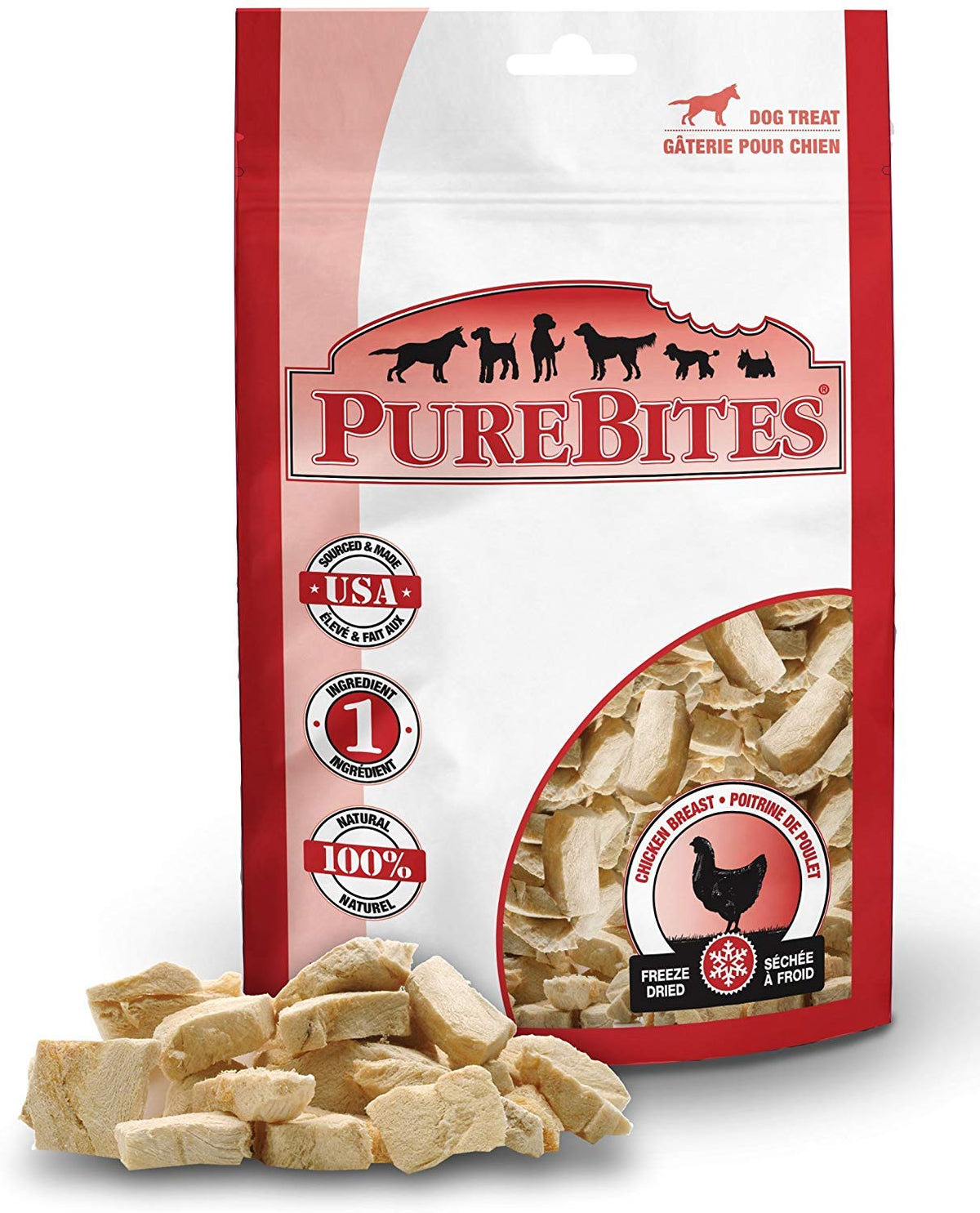 PureBites closeup of chicken breast freeze-dried treats showing crispy texture for training rewards.