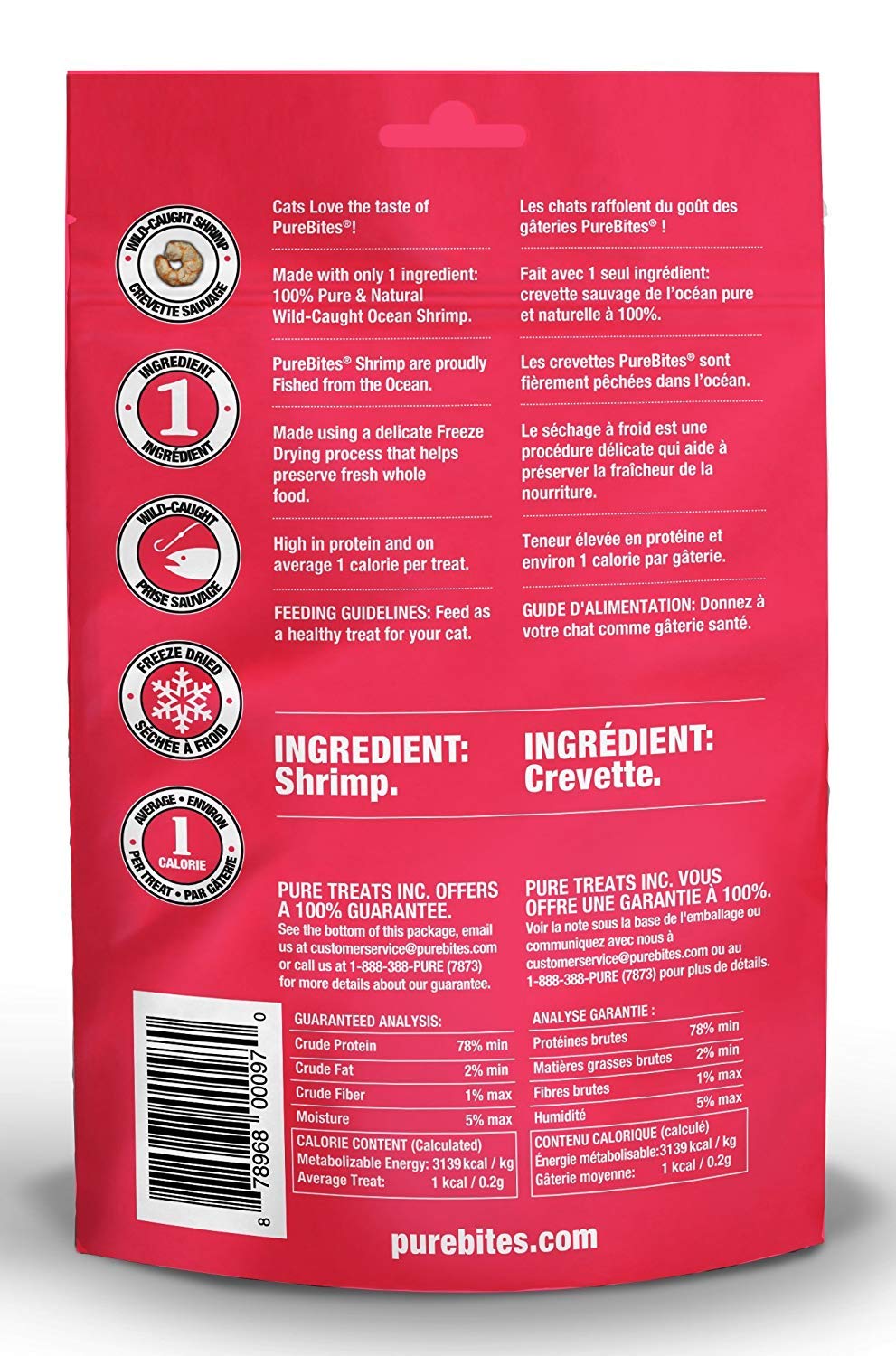 PureBites freeze-dried cat treats shrimp RAW close-up showing crisp texture and aroma.