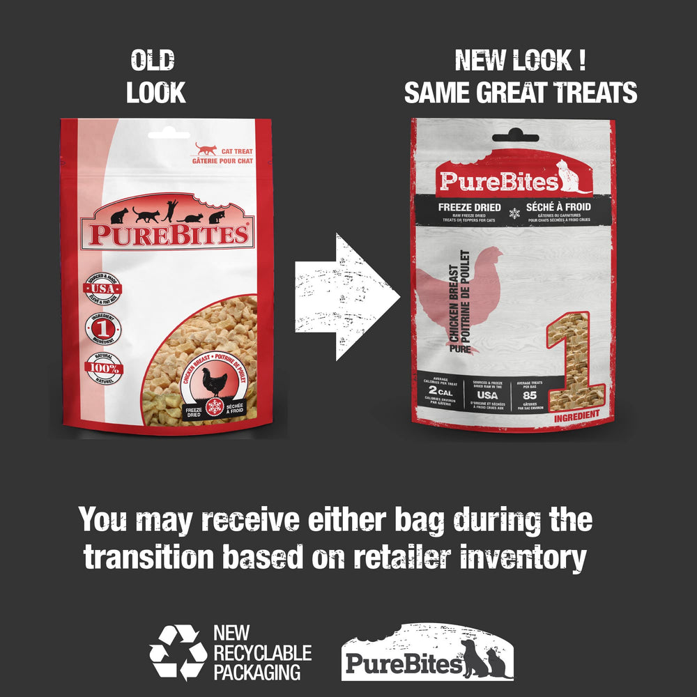 PureBites chicken ingredient close-up emphasizes 1-ingredient recipe and clean nutrition for cats.