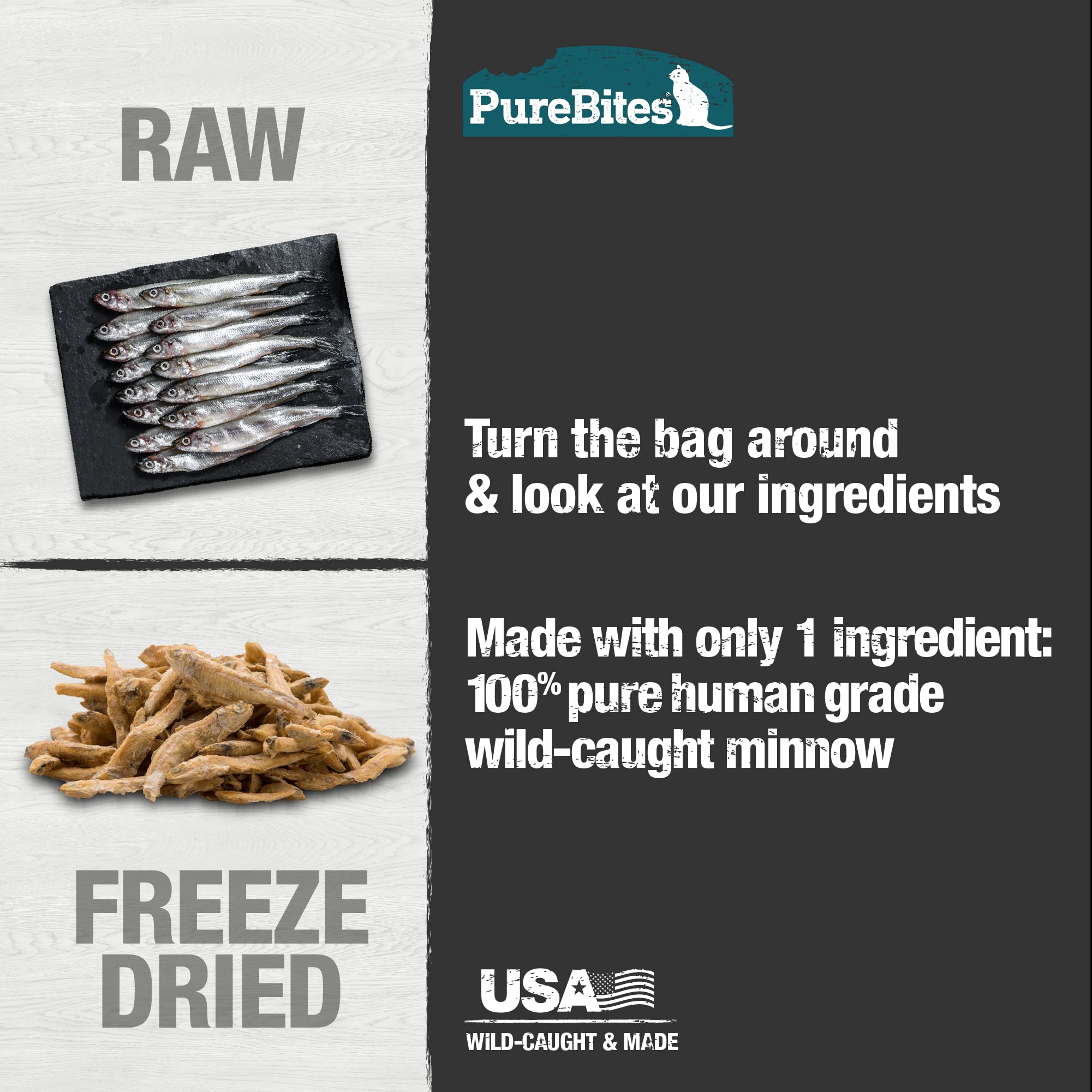 PureBites Minnow texture closeup showcases light freeze-dried crunch cats enjoy.