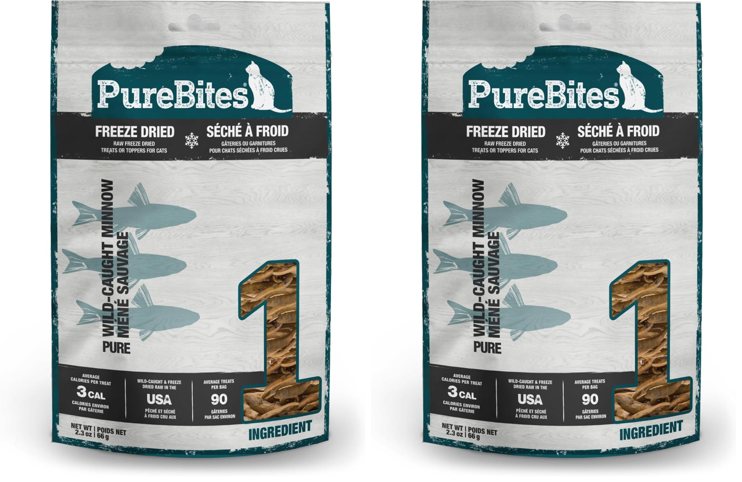 PureBites Minnow 2-pack on shelf shows simple protein snack for cats.