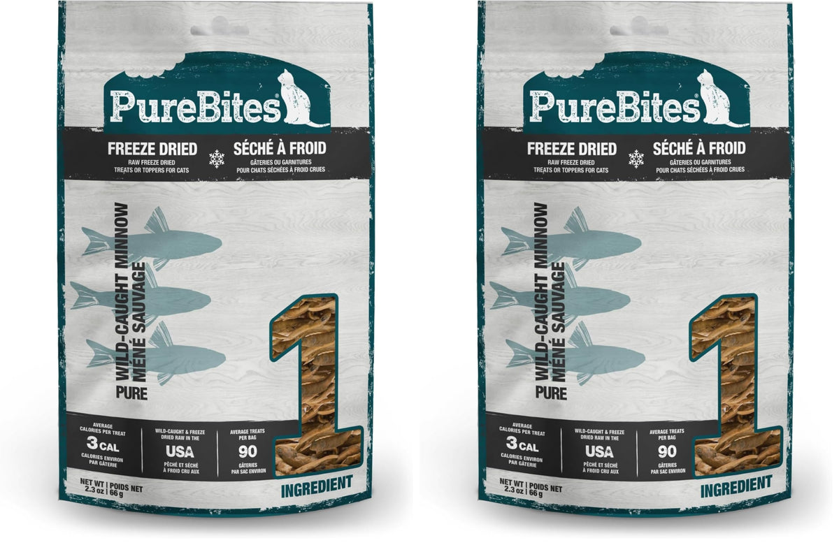 PureBites Minnow 2-pack on shelf shows simple protein snack for cats.