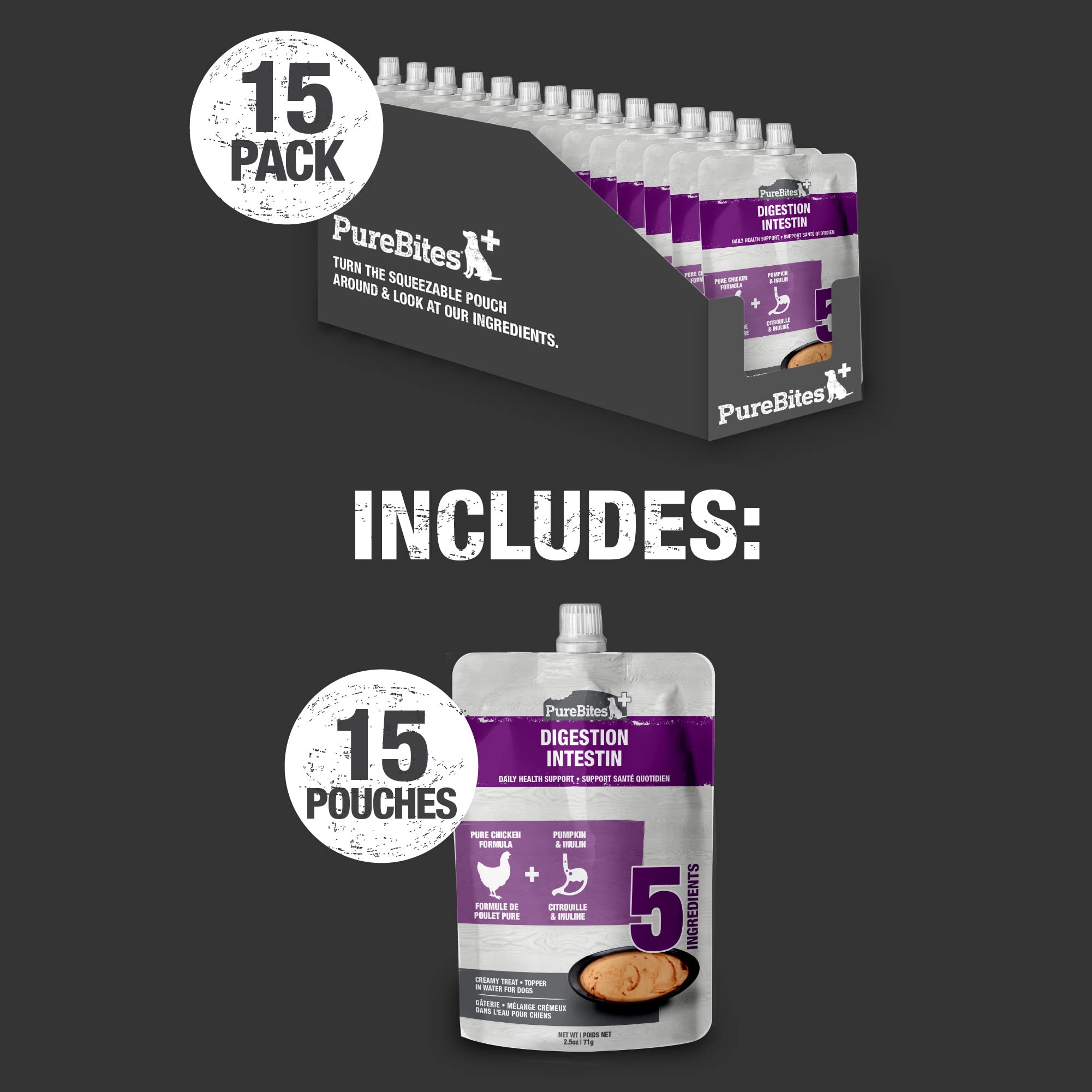 PureBites Plus Squeezables ingredients label shows five wholesome ingredients for simple nutrition.