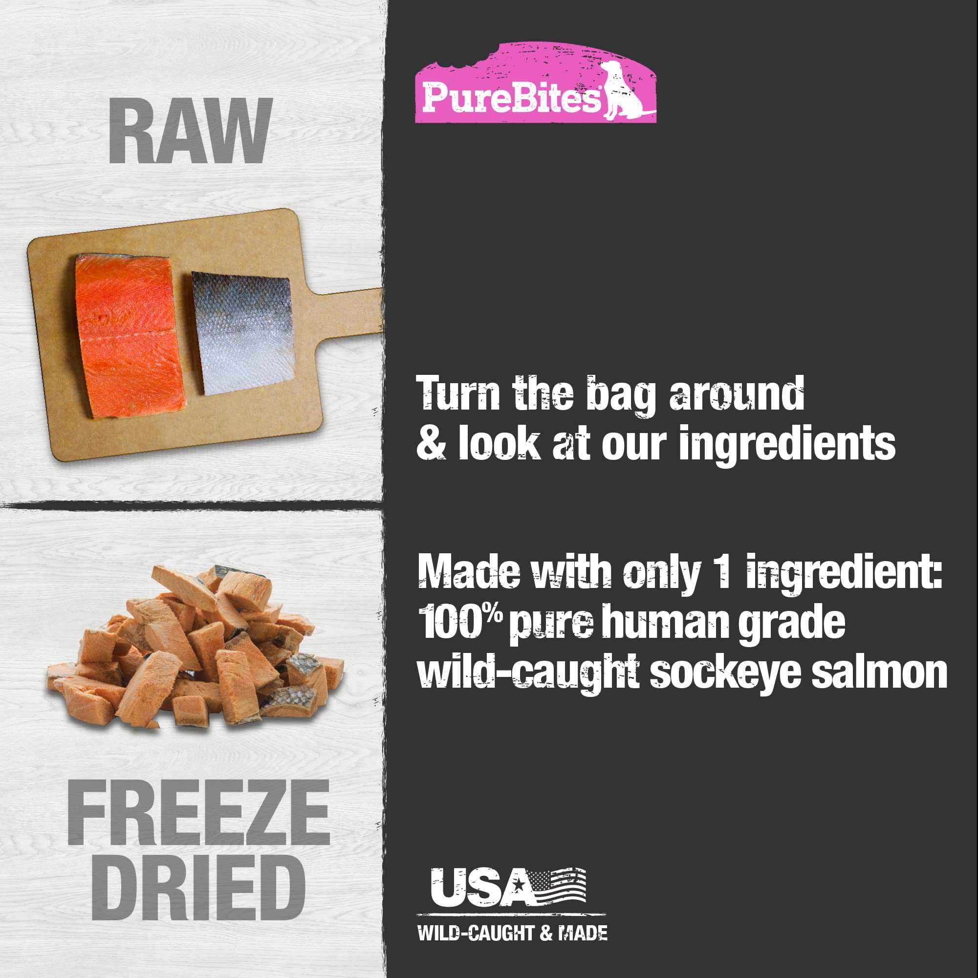 PureBites salmon dog treats bag inside reveals 70g of pure salmon.