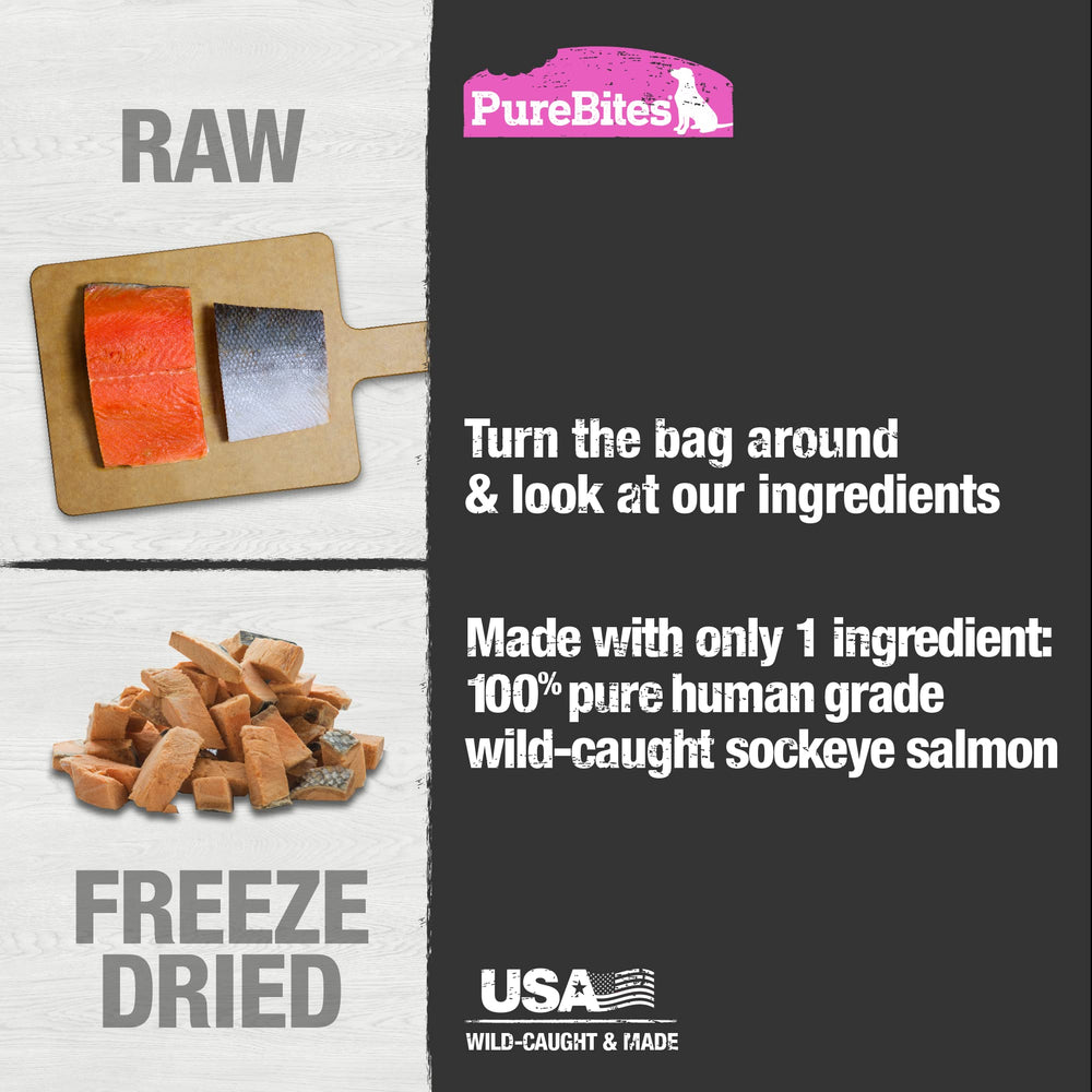 PureBites salmon dog treats bag inside reveals 70g of pure salmon.