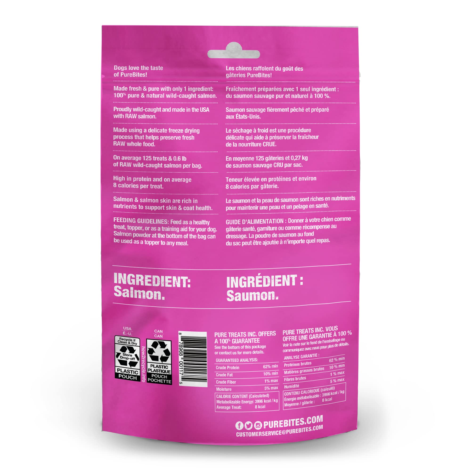 PureBites salmon dog treats ingredients label emphasizes 1 ingredient and USA origin.