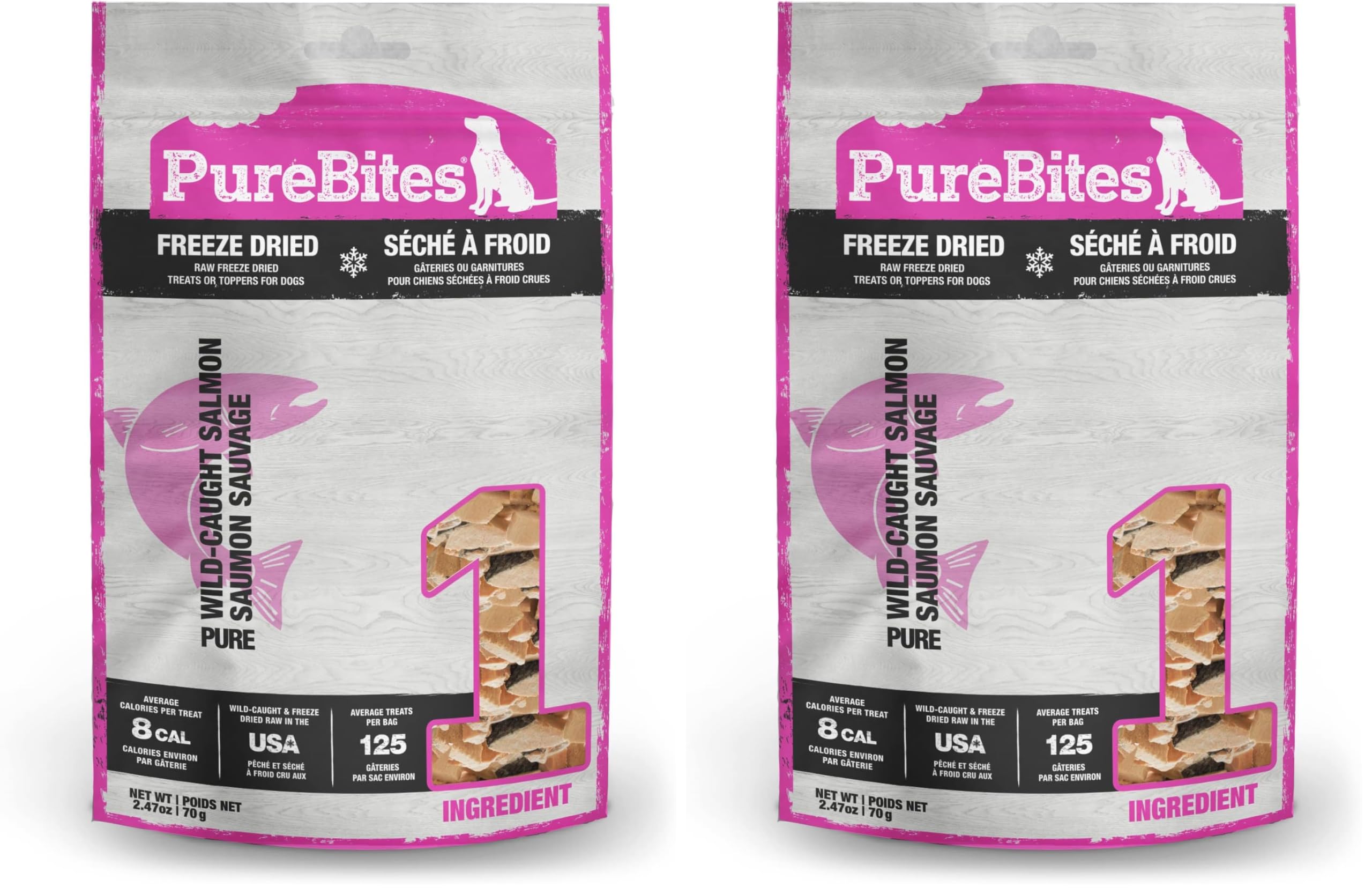 PureBites salmon dog treats packaging highlights single-ingredient salmon for simple snacking.