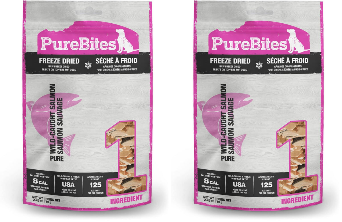PureBites salmon dog treats packaging highlights single-ingredient salmon for simple snacking.