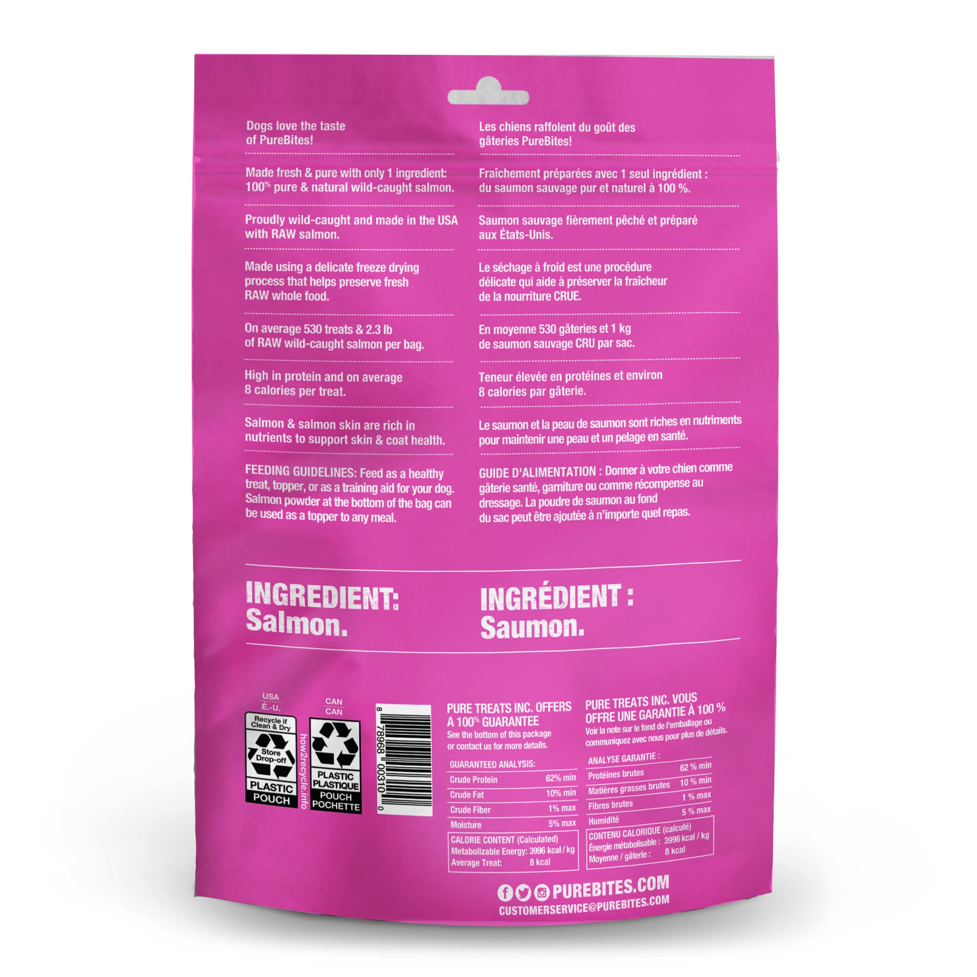 PureBites salmon single-ingredient label close view highlighting USA-sourced fish.