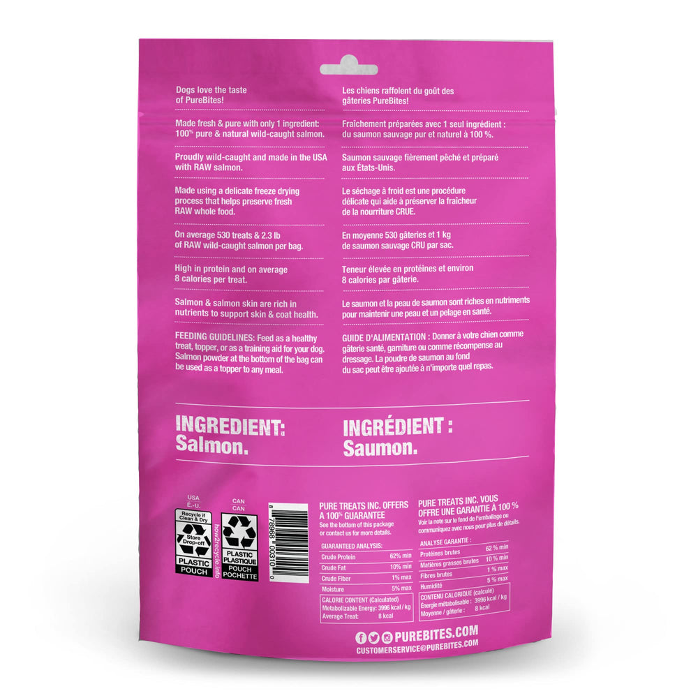PureBites salmon single-ingredient label close view highlighting USA-sourced fish.