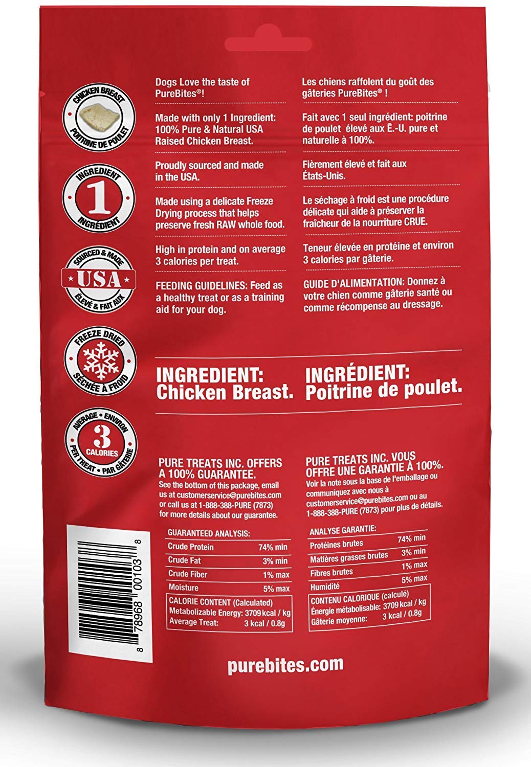 PureBites three-pack dog treats packaging highlighting USA-sourced chicken for daily snacking.