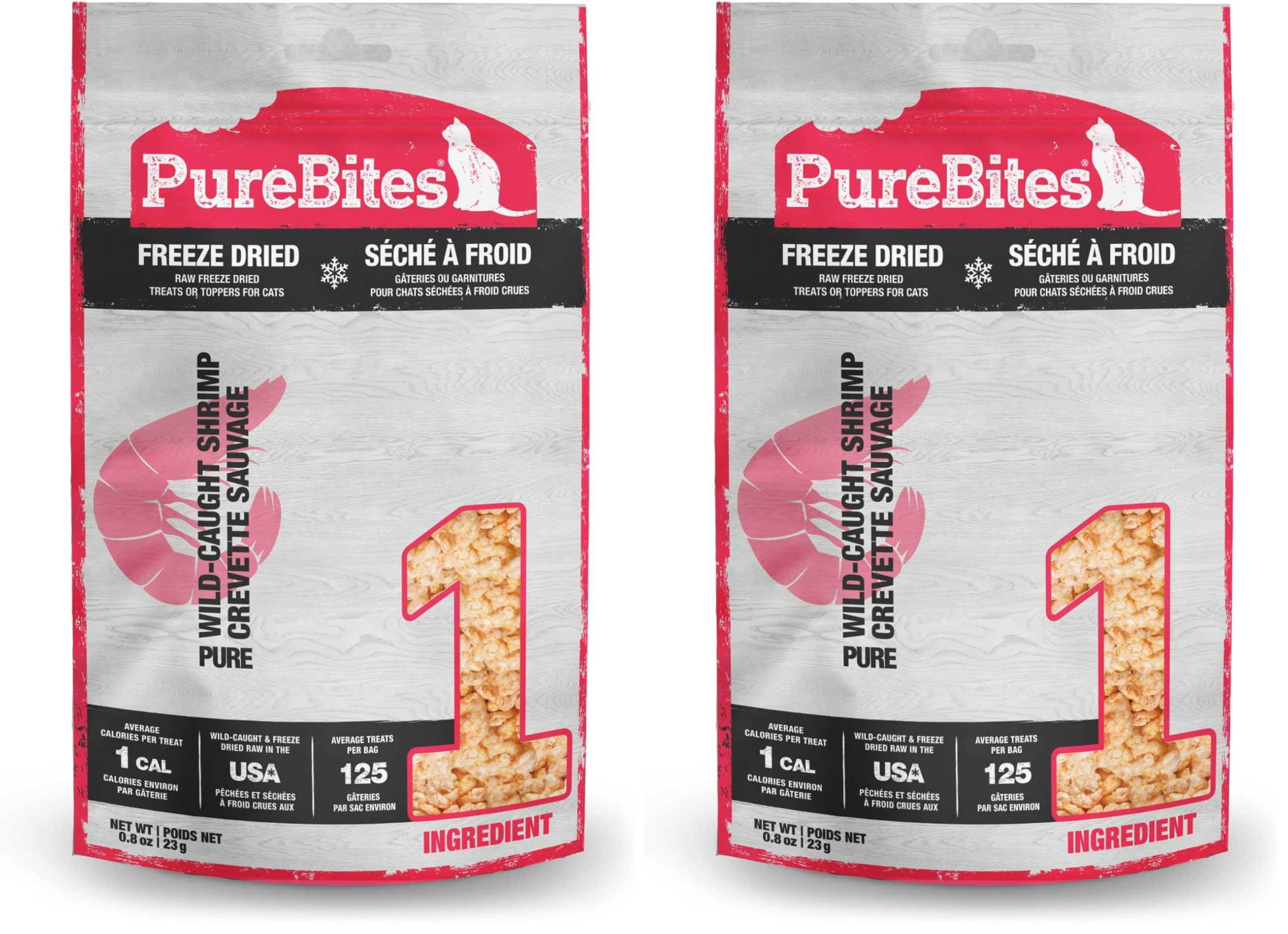 PureBites two-pack shrimp freeze-dried cat treats for training rewards and portion control.