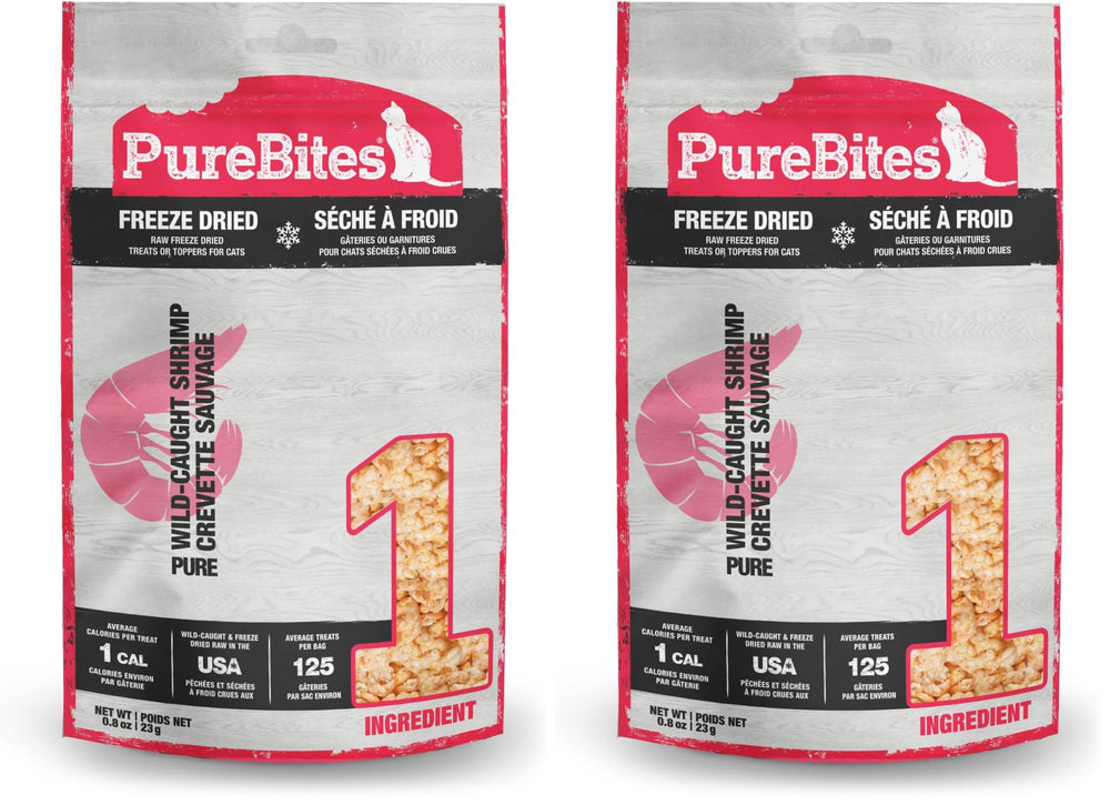 PureBites two-pack shrimp freeze-dried cat treats for training rewards and portion control.