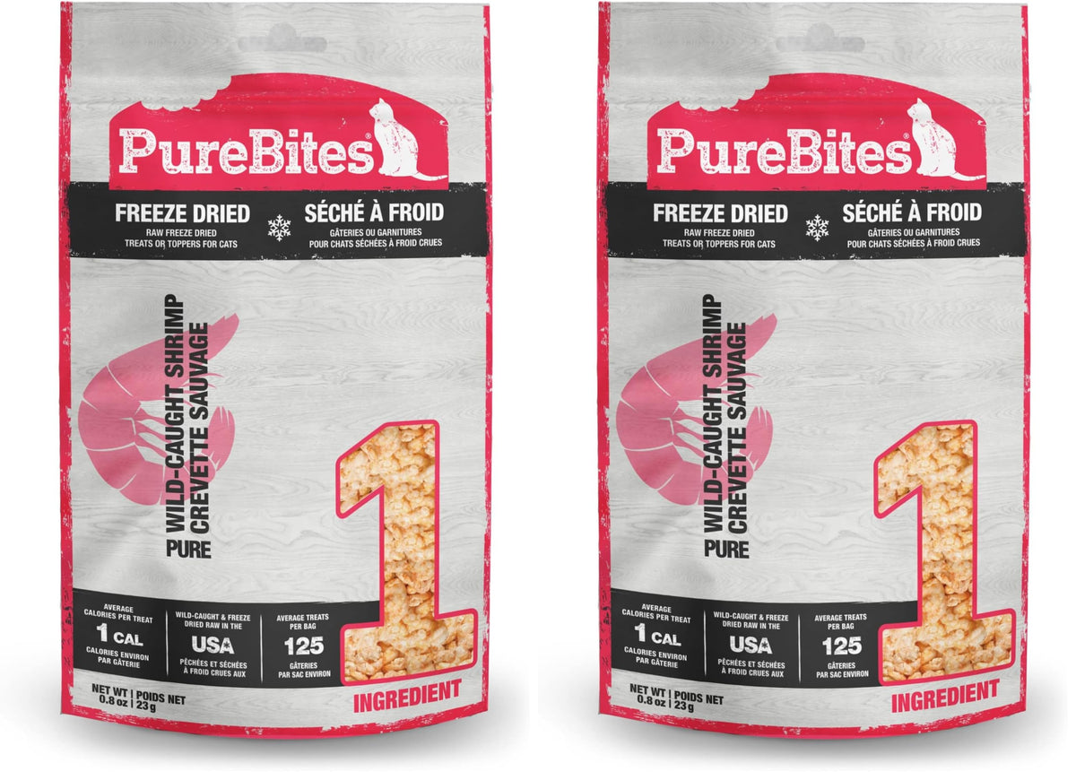 PureBites two-pack shrimp freeze-dried cat treats for training rewards and portion control.