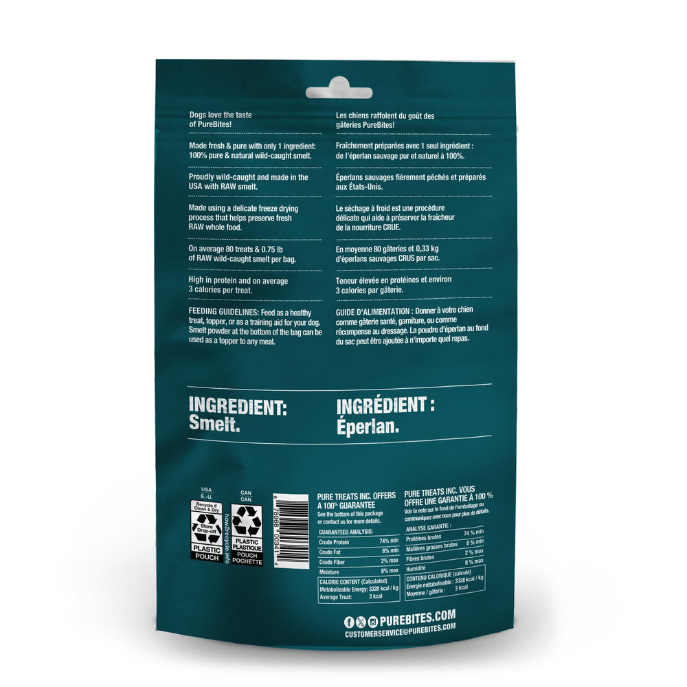 PureBites Wild Smelt freeze-dried treats closeup emphasizes single-ingredient protein