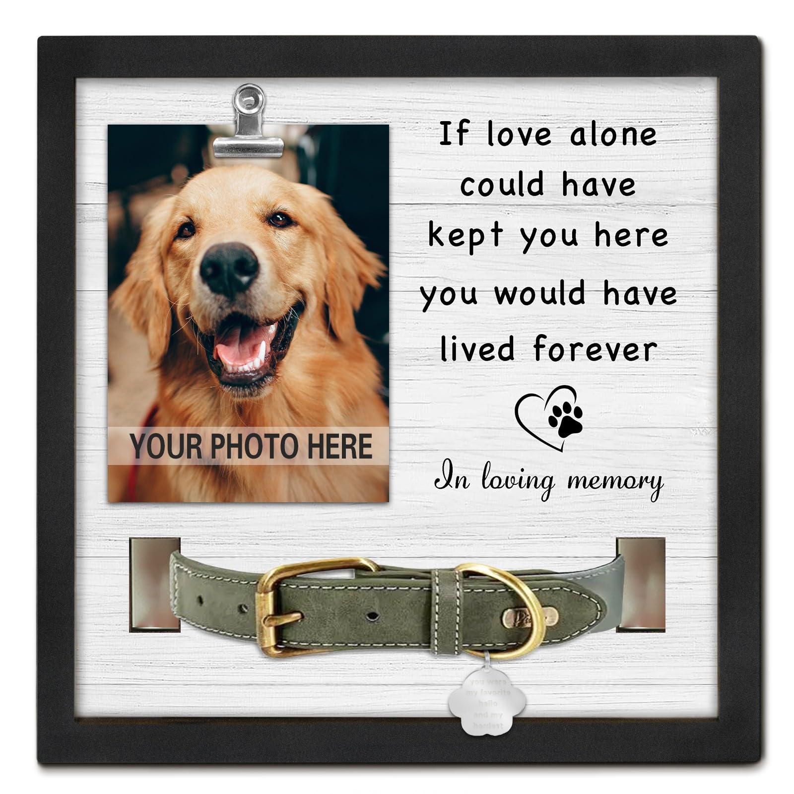 PUREFLY pet memorial frame with dog collar holder preserves a cherished dog keepsake.