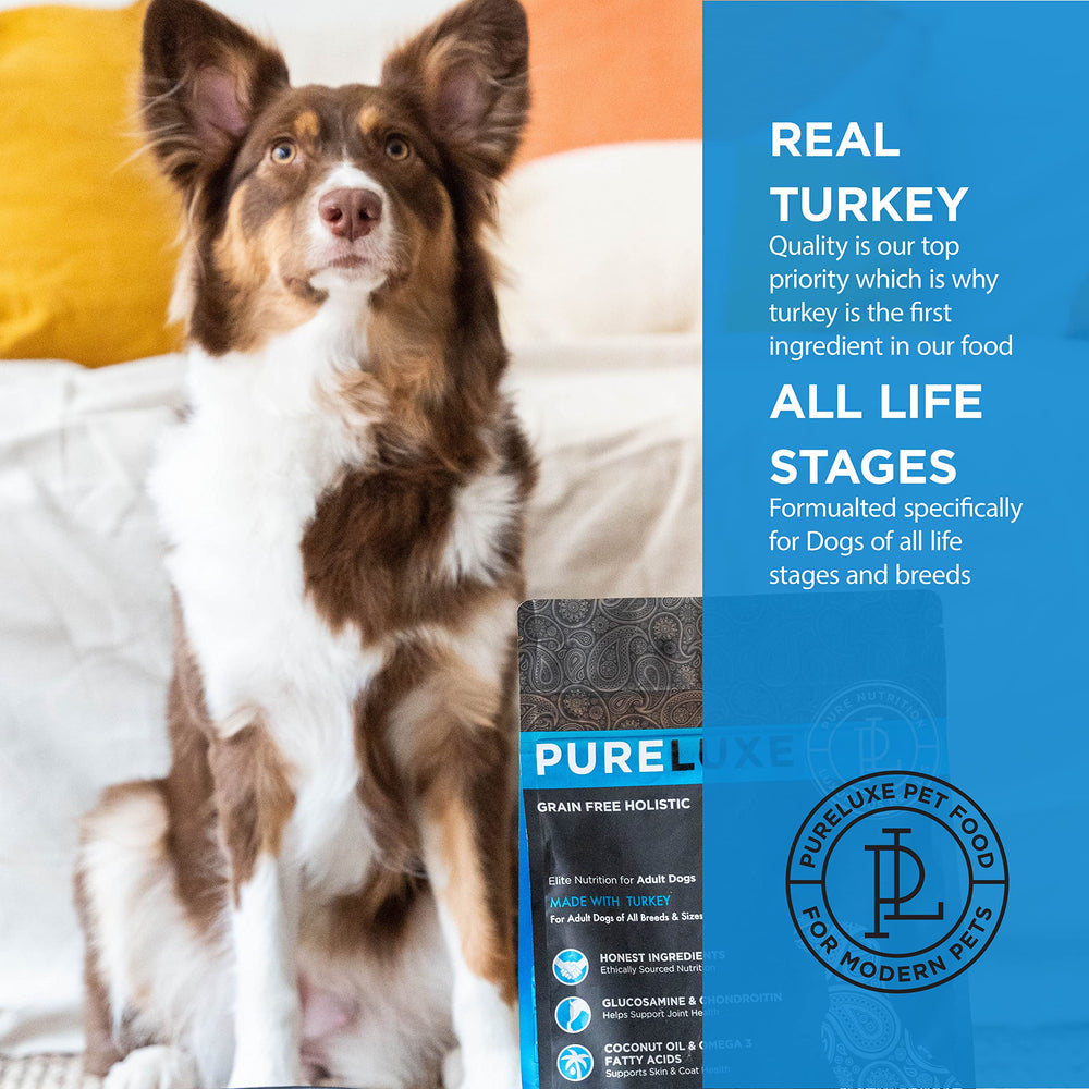 PURELUXE grain-free dog food closeup emphasizing turkey protein for lean muscle and energy.