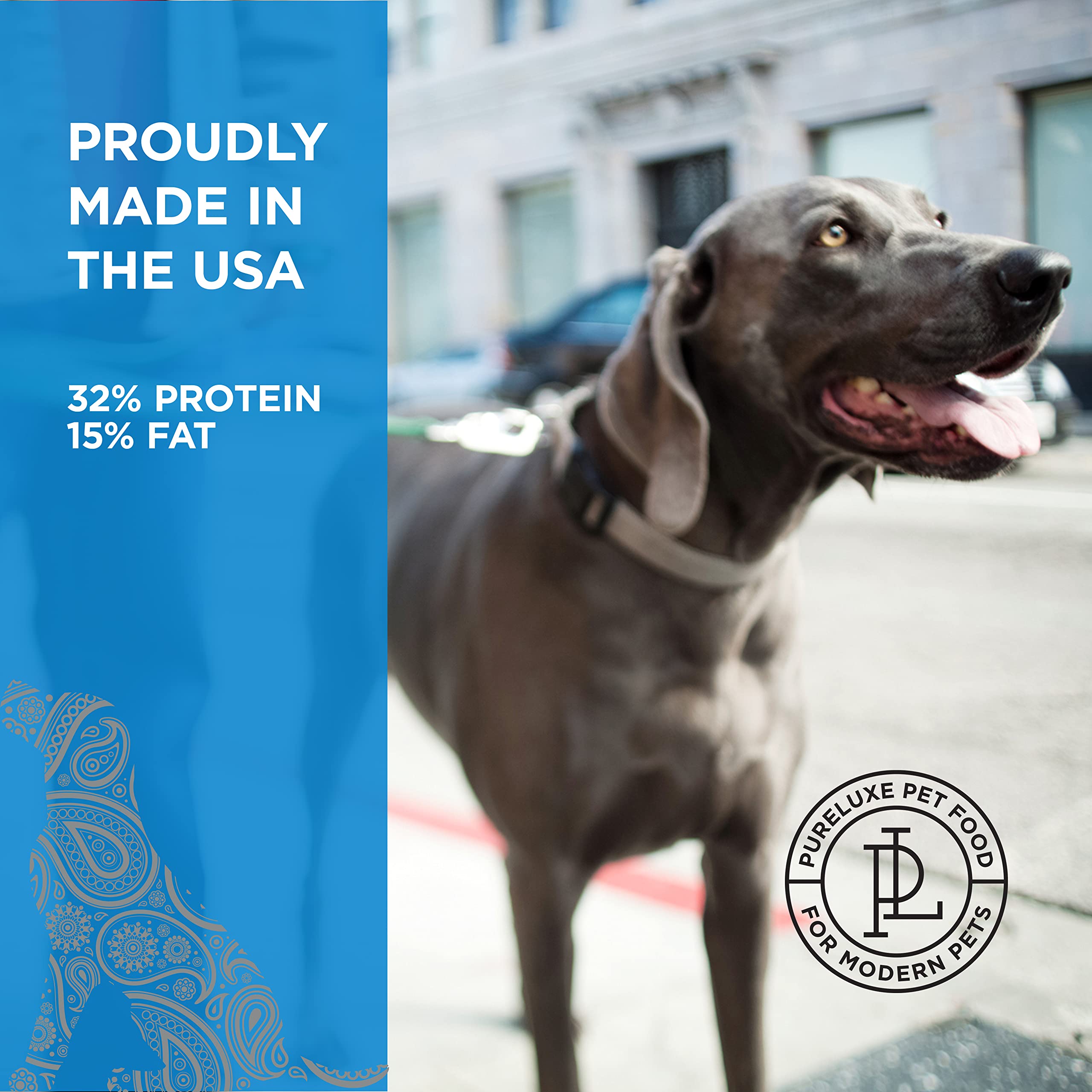 PURELUXE joint and coat nutrition visual highlighting omega-3s and glucosamine benefits.