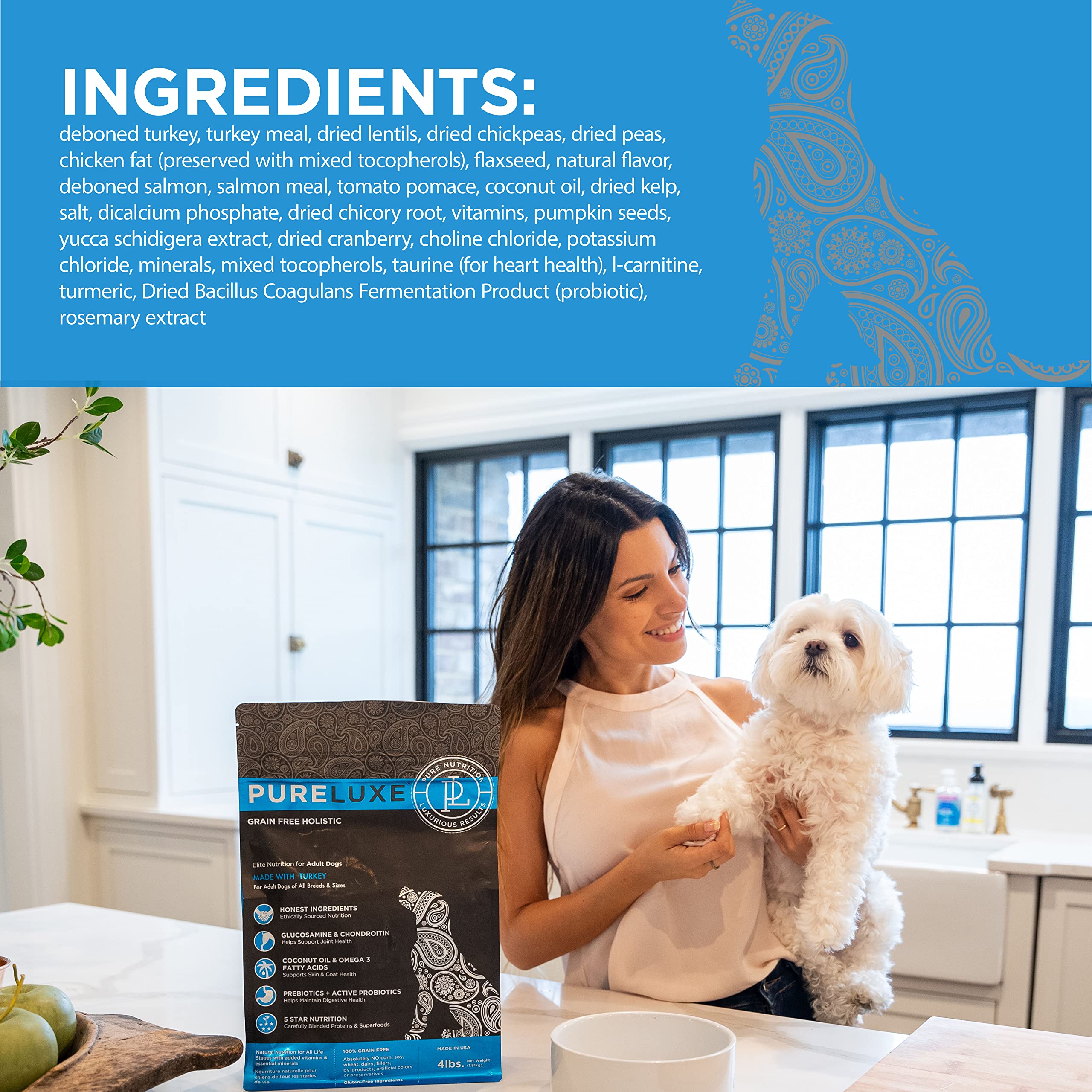 PURELUXE serving bowl scene shows grain-free formula ready for paws and play.
