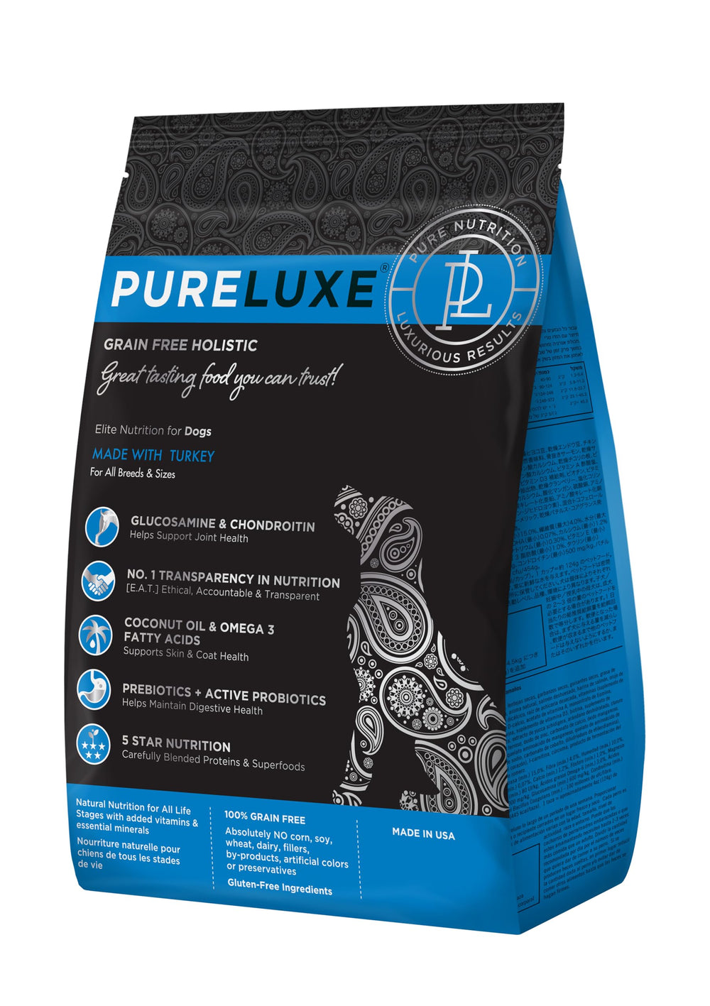 PURELUXE Turkey Elite Nutrition bag front highlighting grain-free formula for all life stages.