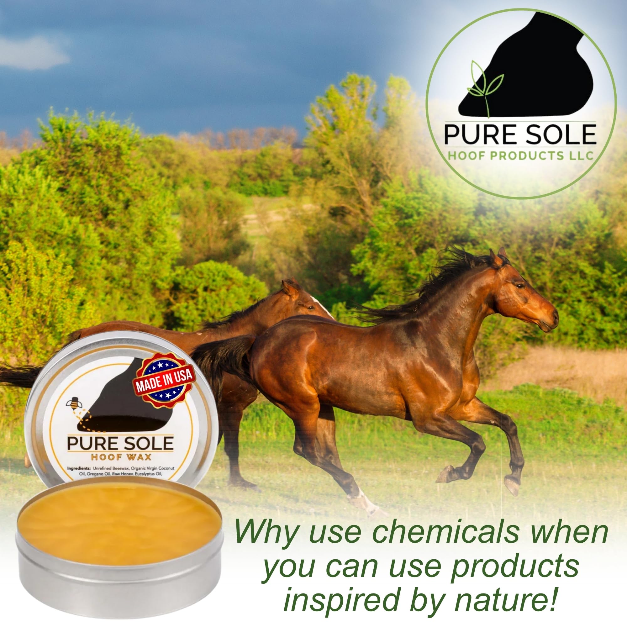 Natural ingredients include beeswax, coconut oil, and honey in Pure Sole Hoof Wax.