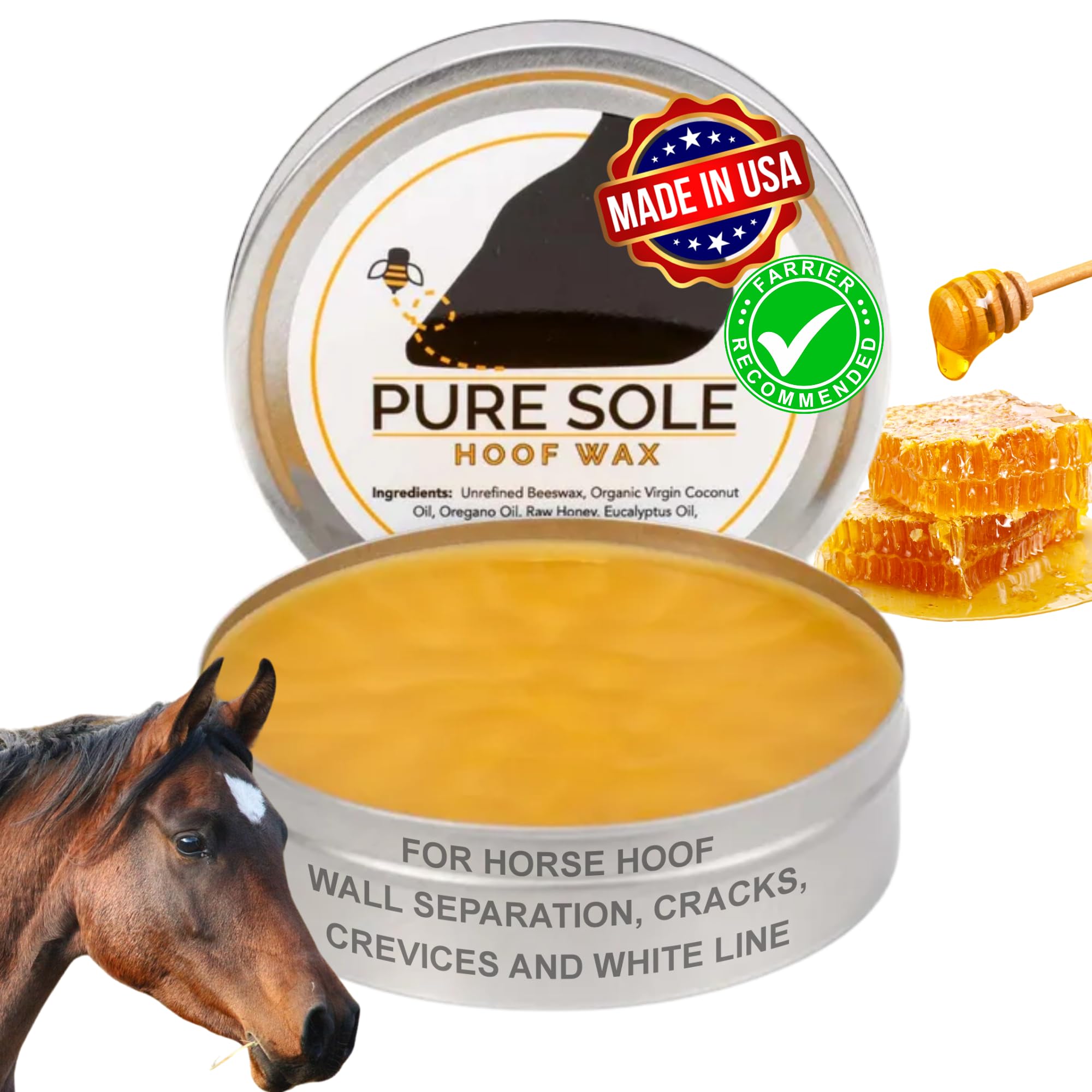 Pure Sole Hoof Wax tin close-up showing natural beeswax sealant for cracks.