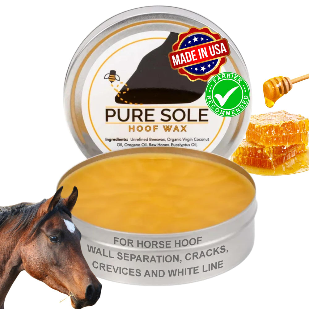 Pure Sole Hoof Wax tin close-up showing natural beeswax sealant for cracks.