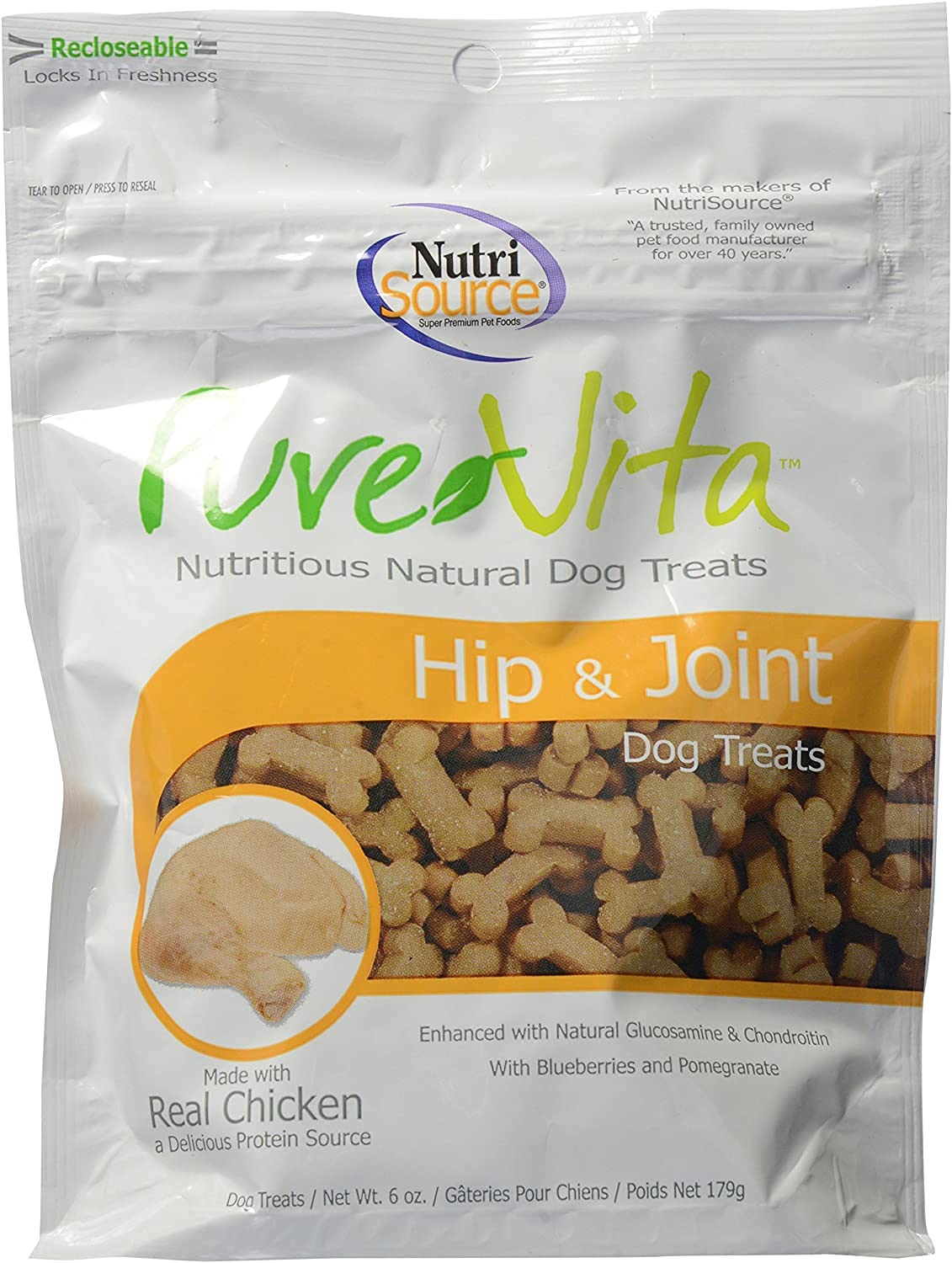 PureVita hip and joint dog treats real-chicken front pack; supports natural joint comfort.