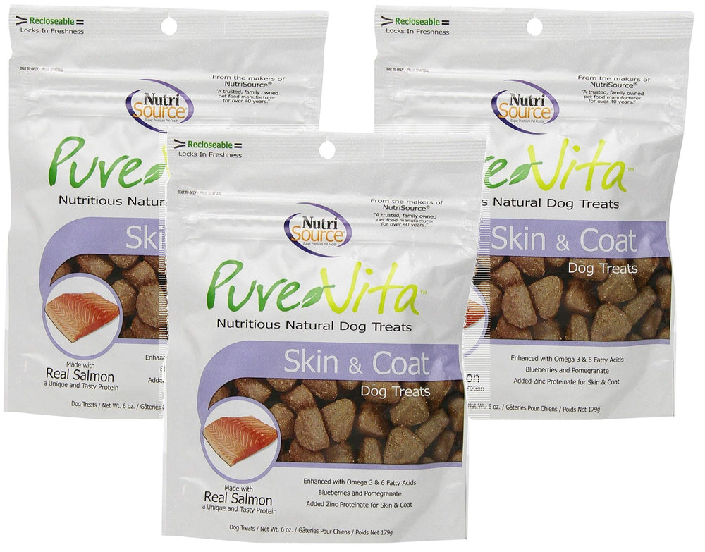 PureVita Skin & Coat dog treats with real salmon for shiny coat and healthy skin.