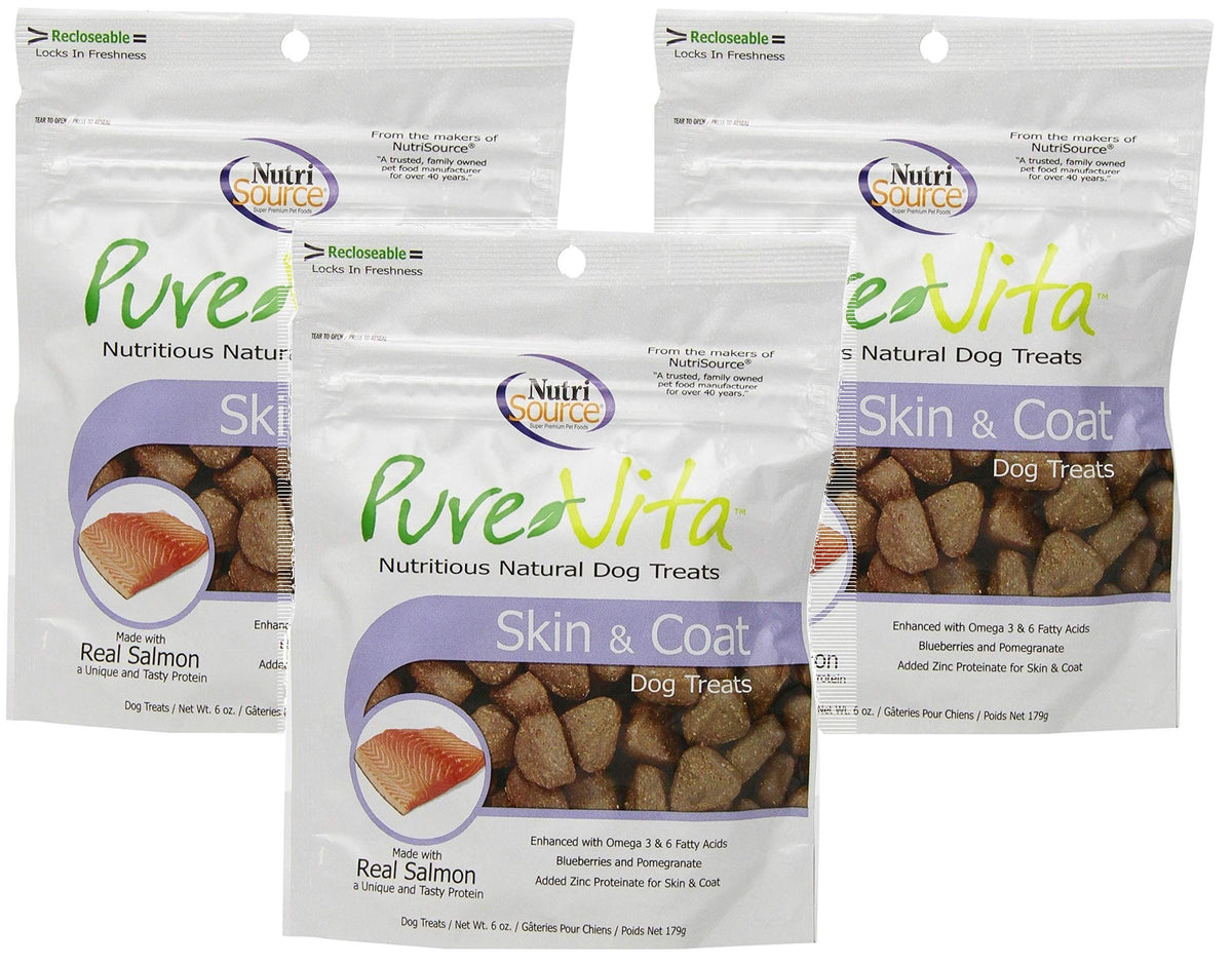 PureVita Skin & Coat dog treats with real salmon for shiny coat and healthy skin.
