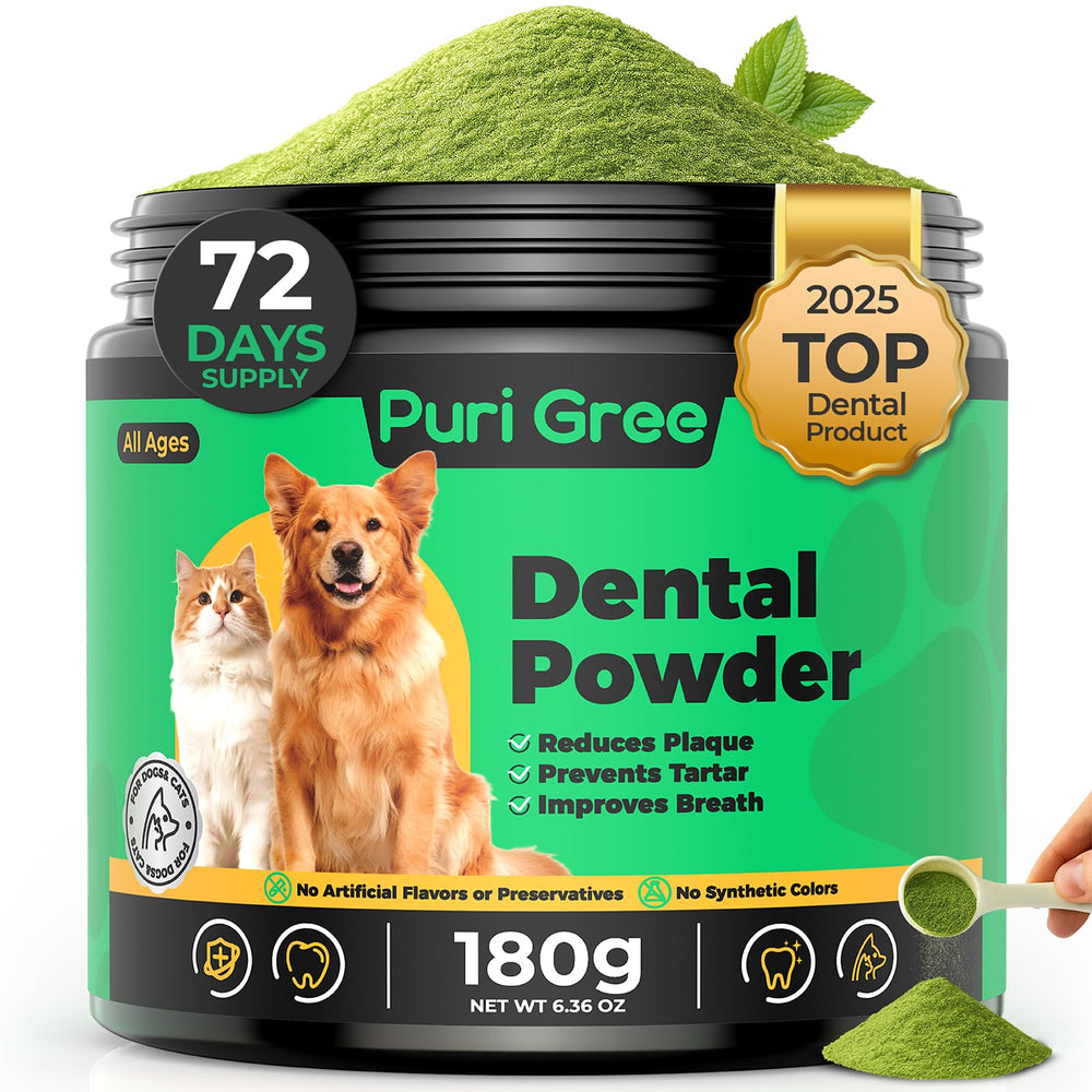 PuriGree dog dental powder jar ready for long-lasting fresh breath support