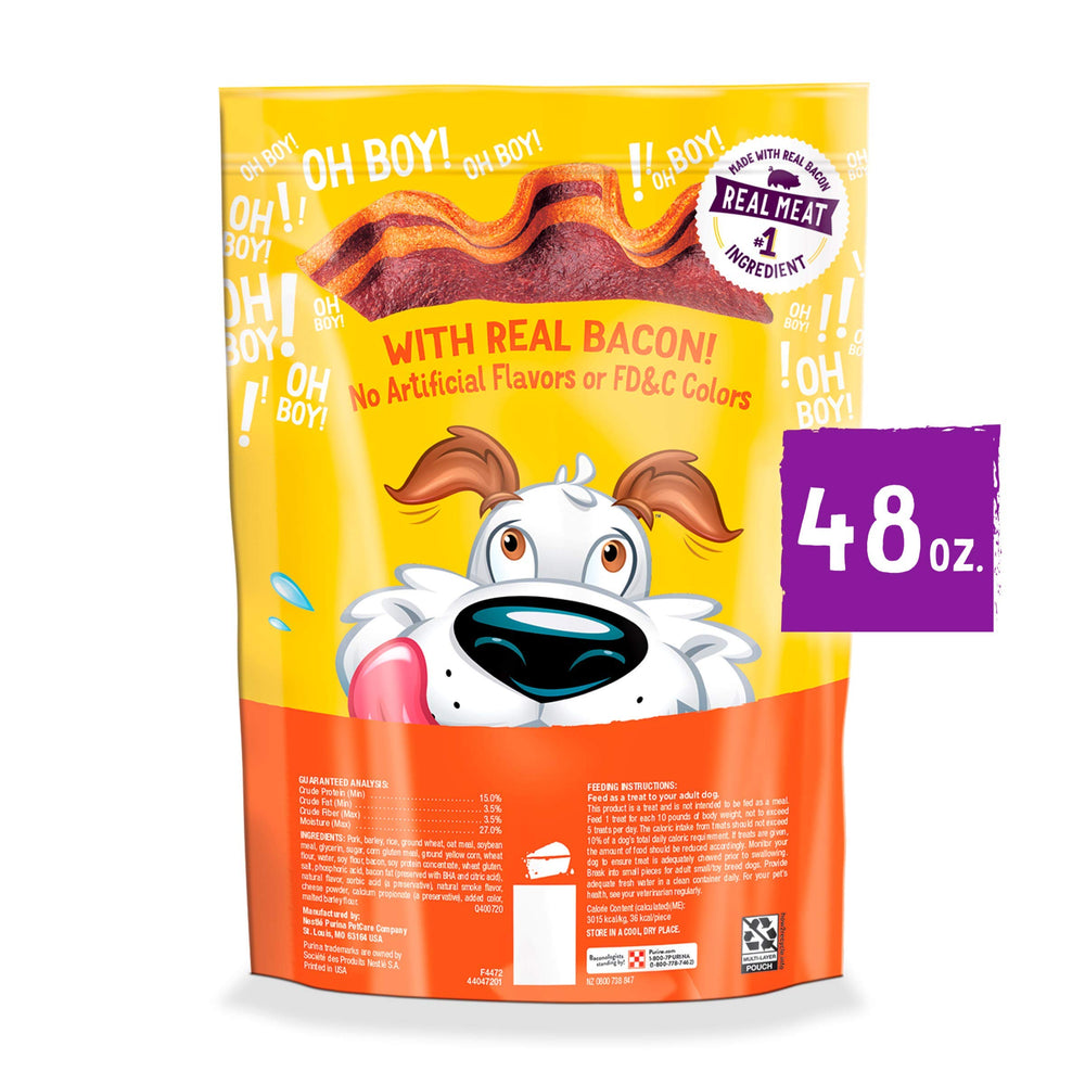 Purina Beggin' Strips bacon-cheese label highlights real meat as first ingredient.