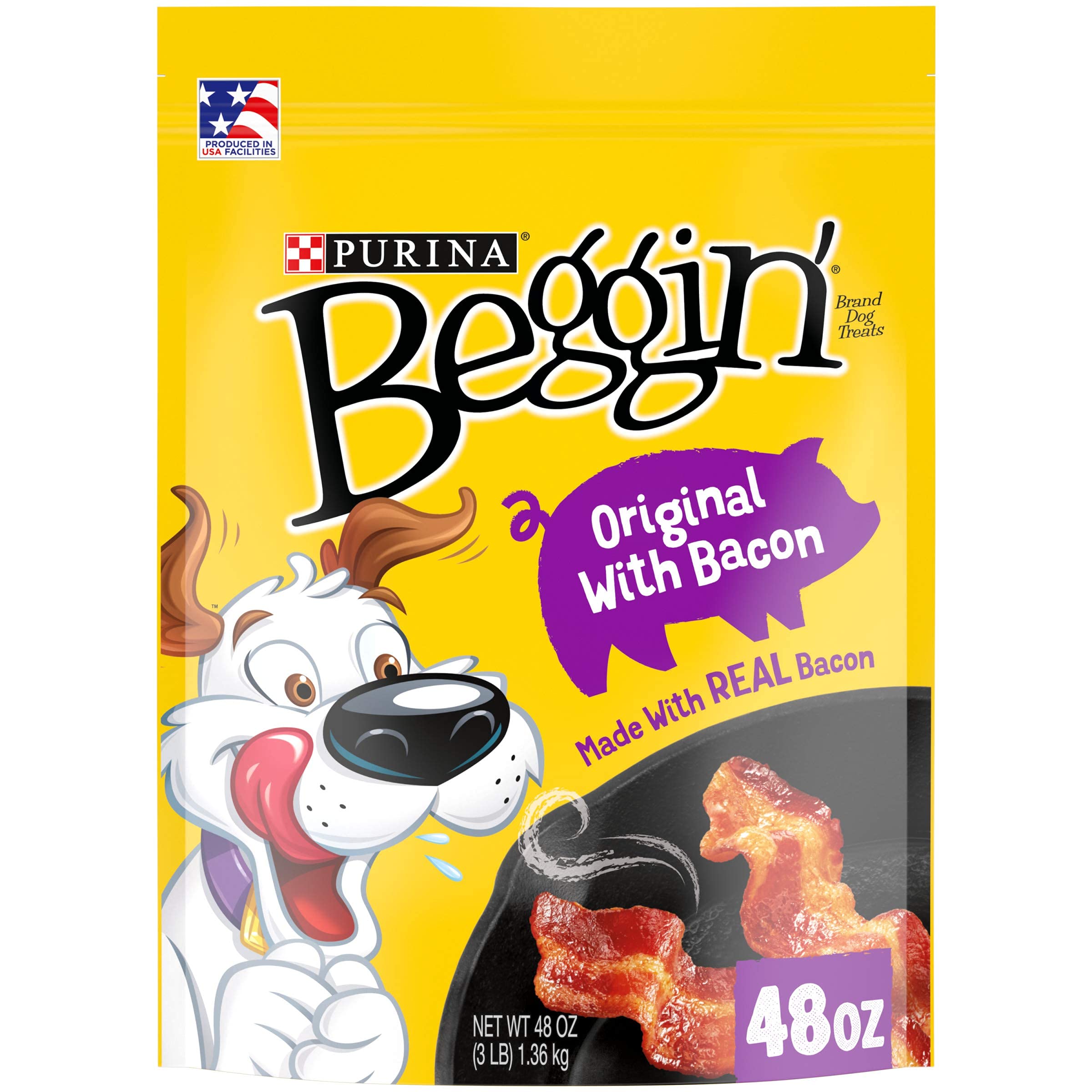 Purina Beggin' Strips bacon-cheese pack-2 outer box ideal for quick dog snack moments.