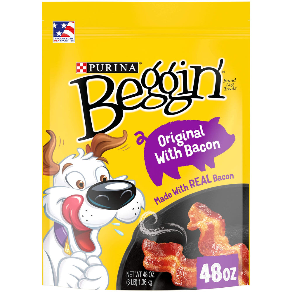 Purina Beggin' Strips bacon-cheese pack-2 outer box ideal for quick dog snack moments.