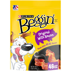 Purina Beggin' Strips bacon-cheese pack-2 outer box ideal for quick dog snack moments.