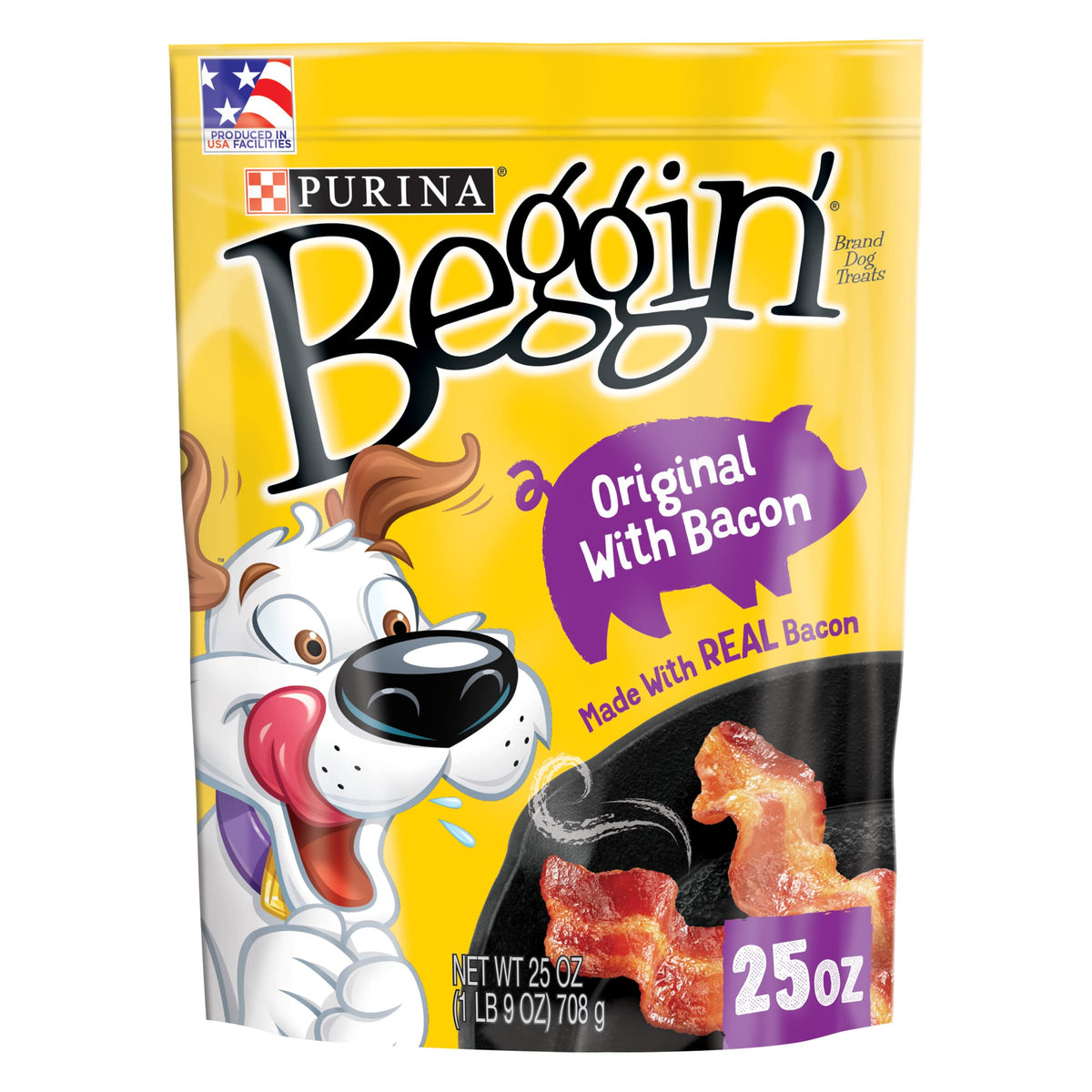 Purina Beggin' Strips bacon pouch open for quick treats.