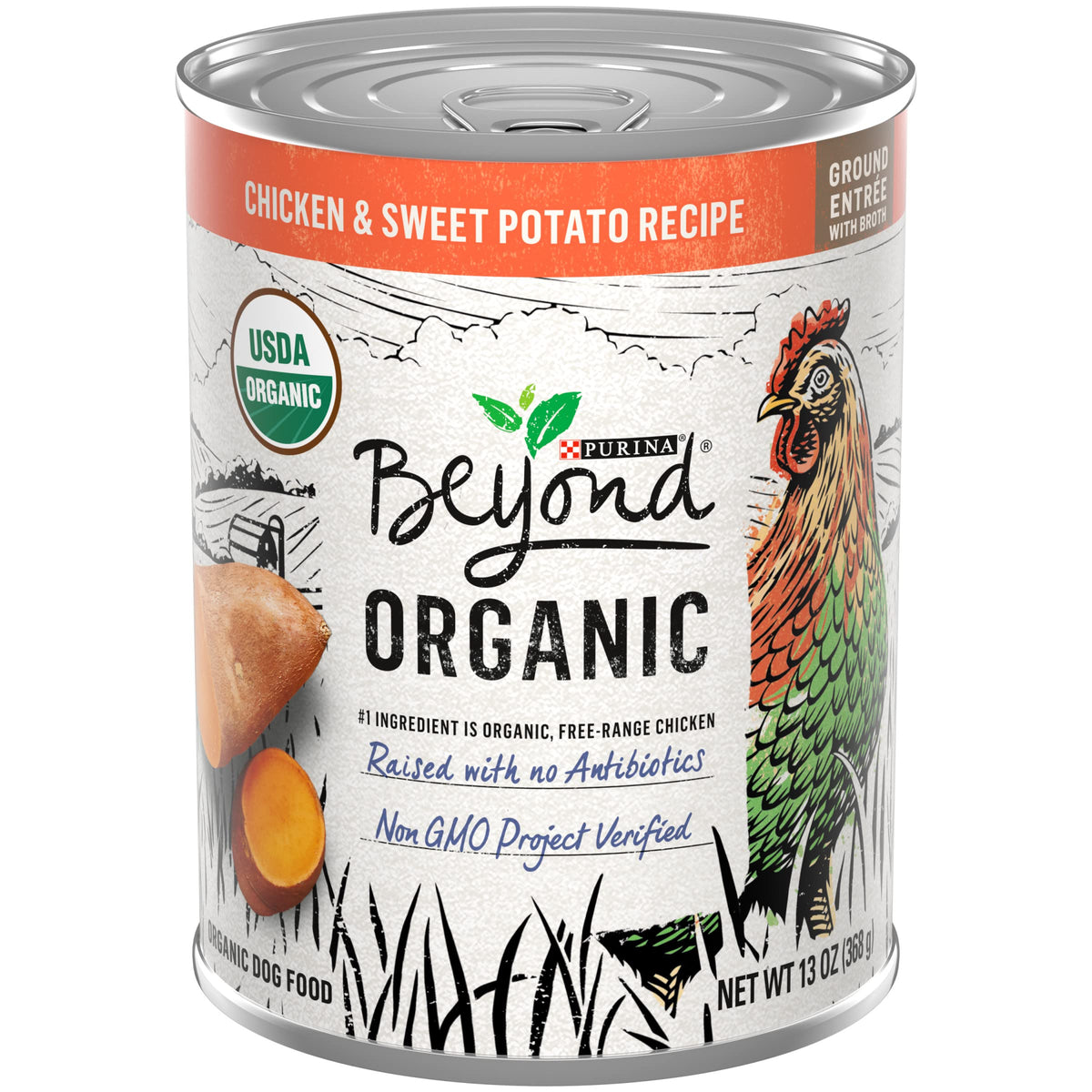Purina Beyond Organic wet dog food close-up with savory broth for moisture