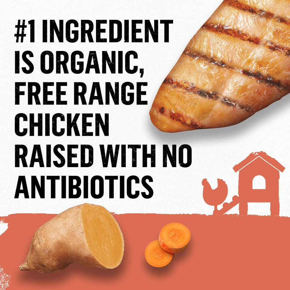 Purina Beyond Organic ingredients label highlighting organic chicken and sweet potato