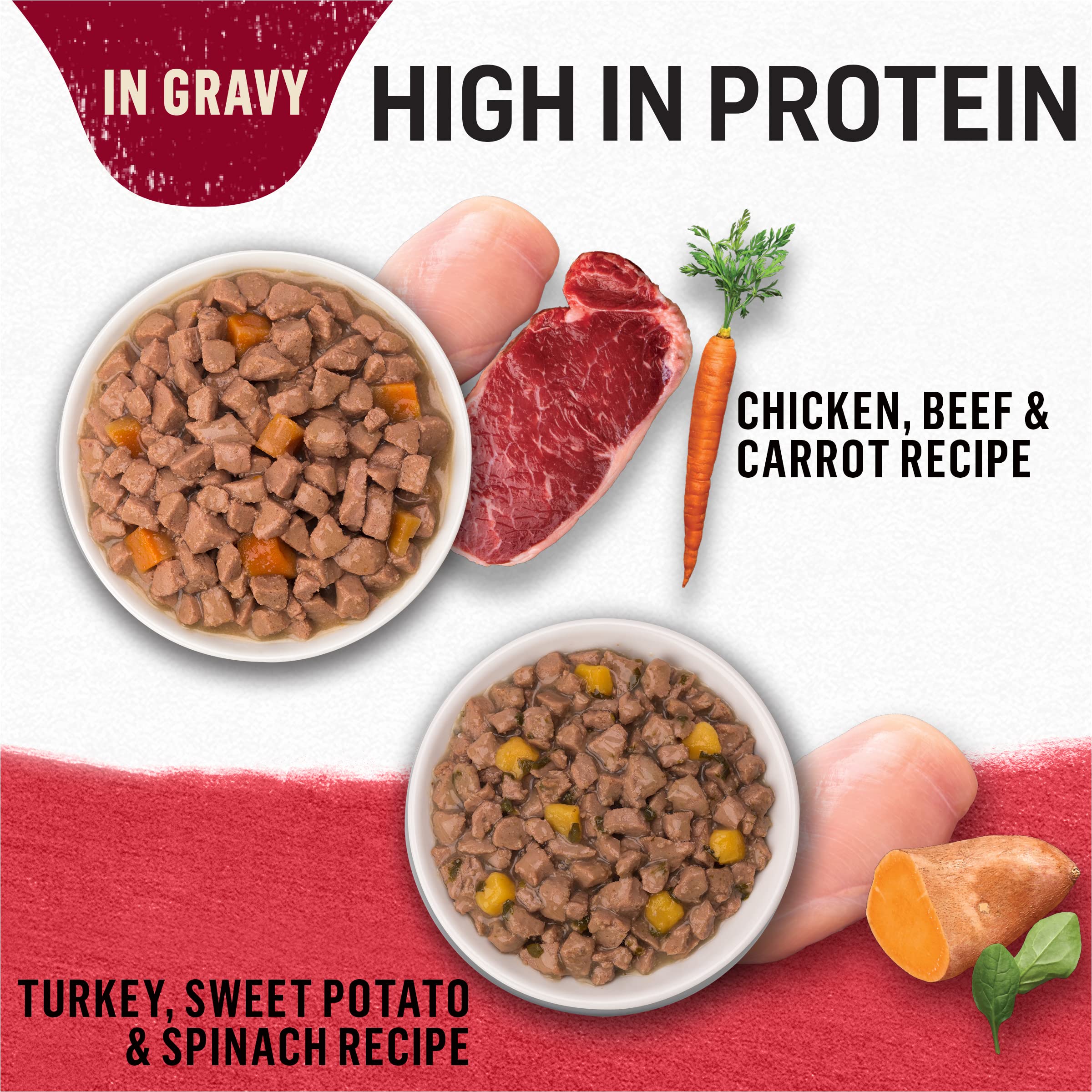 Purina Beyond turkey-sweet-potato-spinach gravy serves as meal topper option over kibble.