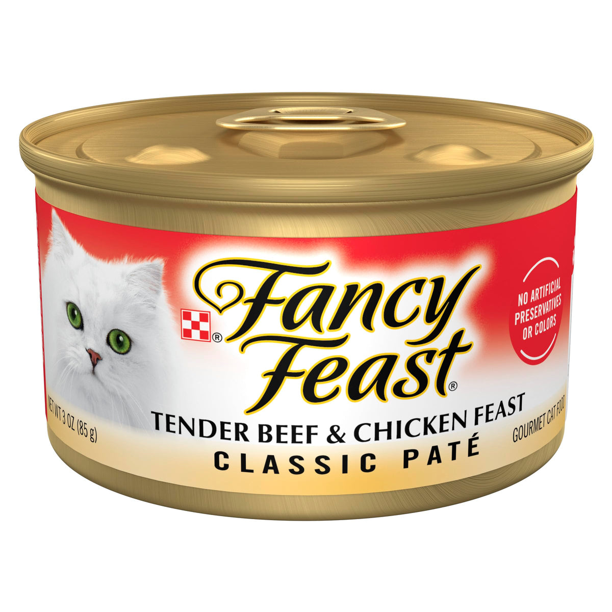 Purina Fancy Feast lata ternera y pollo en paté, sabor jugoso para gatos.