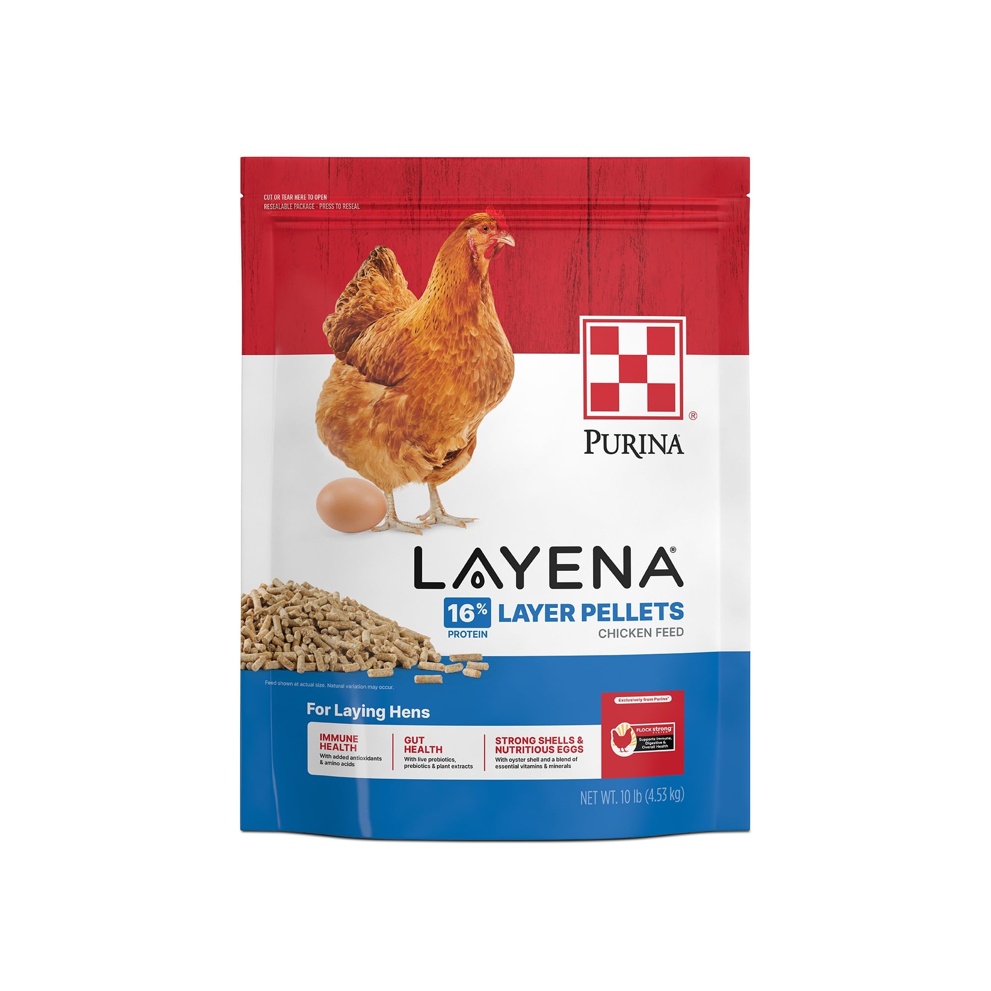 Purina Layena pellets bag front showing balanced nutrition for laying hens.