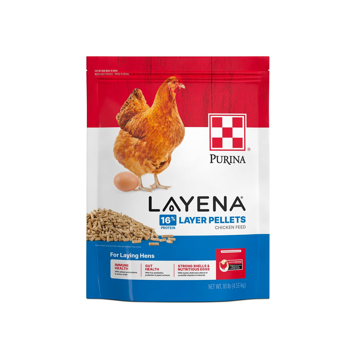 Purina Layena pellets bag front showing balanced nutrition for laying hens.