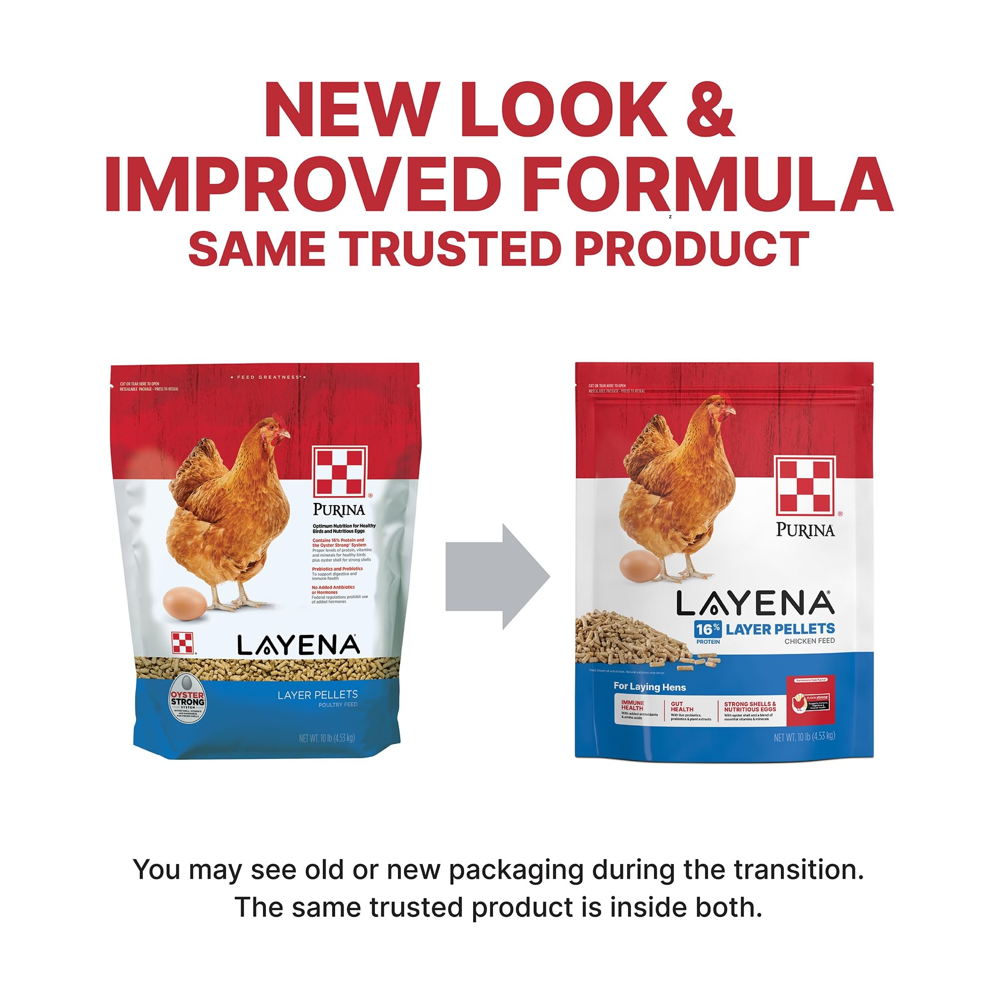 Purina Layena pellets bag side highlights calcium and protein for egg production.