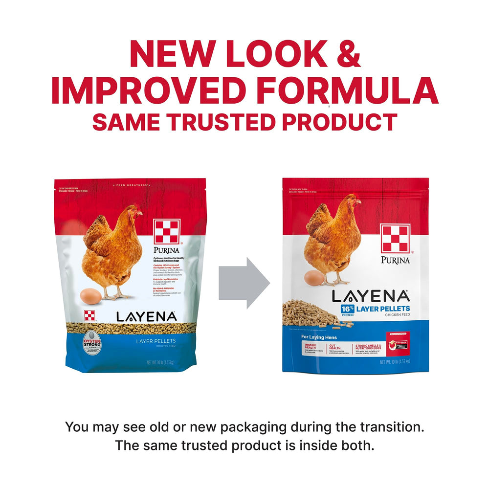 Purina Layena pellets bag side highlights calcium and protein for egg production.