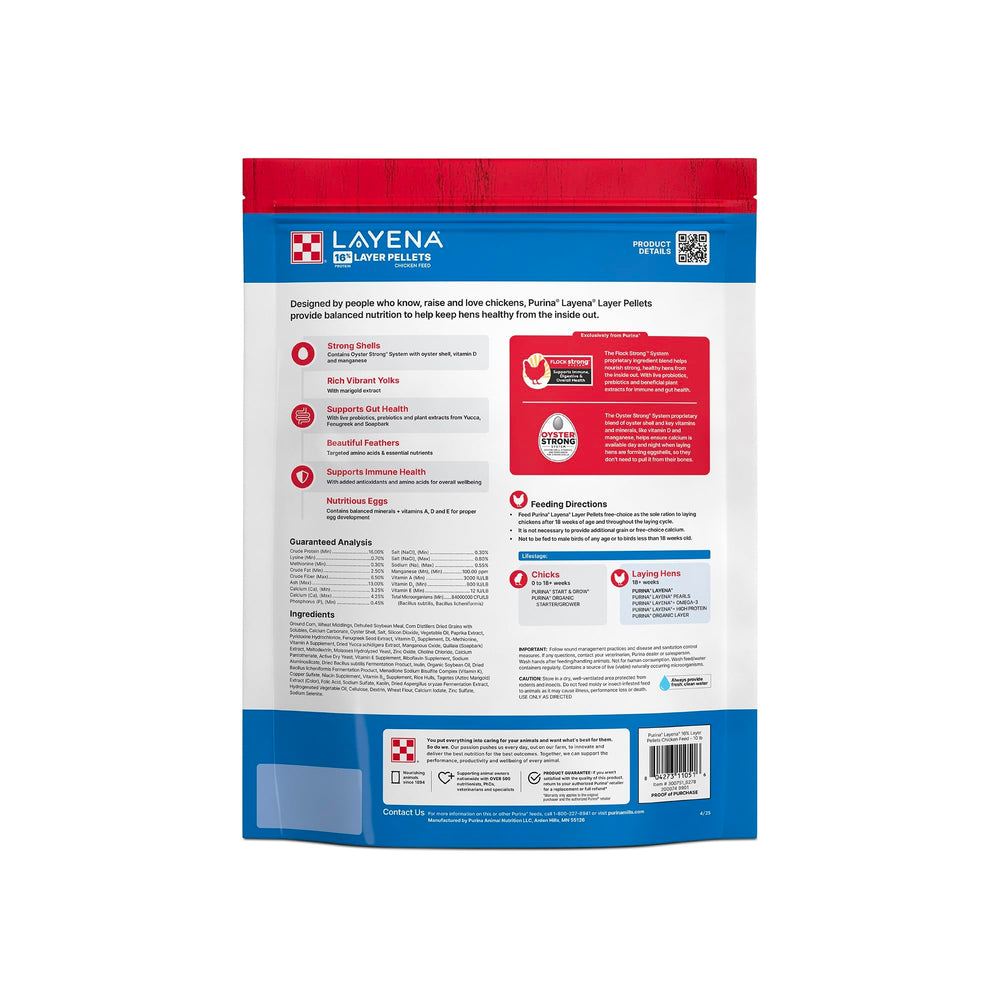 Purina Layena pellets closeup emphasizes uniform pellets for easy feeding.