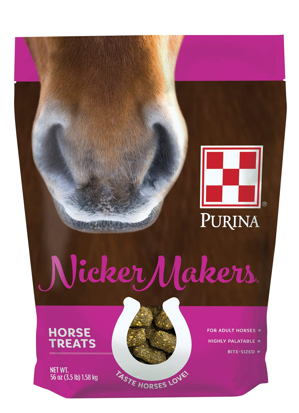 Purina Nicker Makers horse treats bag front, showing easy-to-feed design for training rewards.
