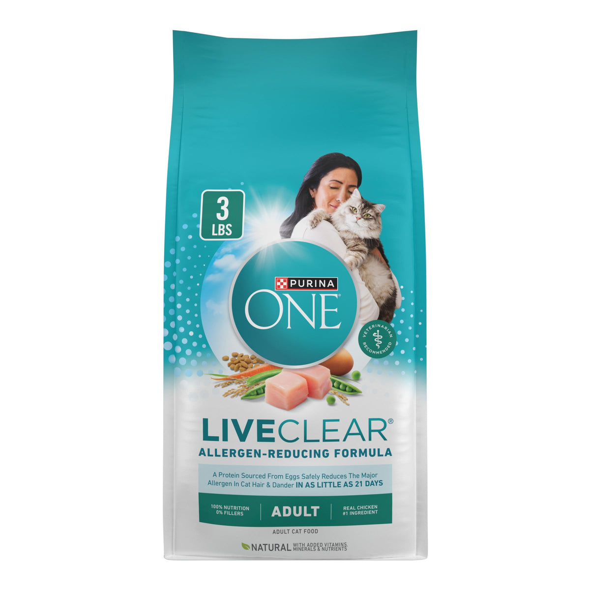 Purina ONE LiveClear dry bag packaging highlights allergen-reducing formula for calmer cat environments.