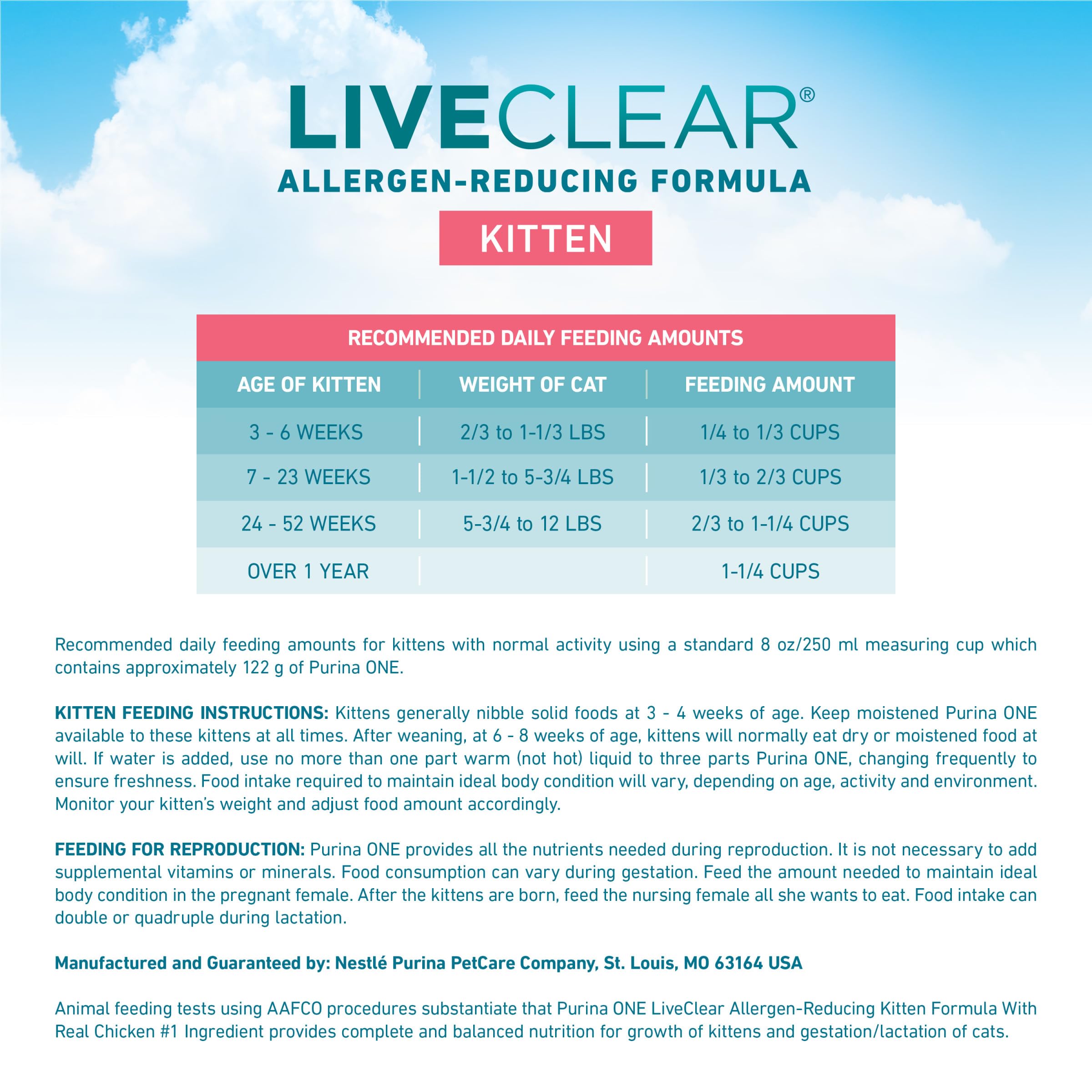 Purina ONE LiveClear bonding moment during kitten mealtime reinforces everyday care.