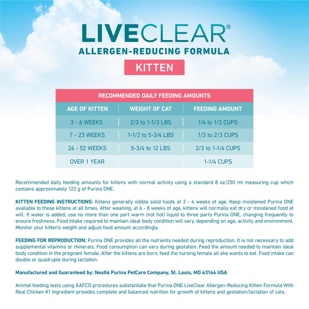 Purina ONE LiveClear bonding moment during kitten mealtime reinforces everyday care.